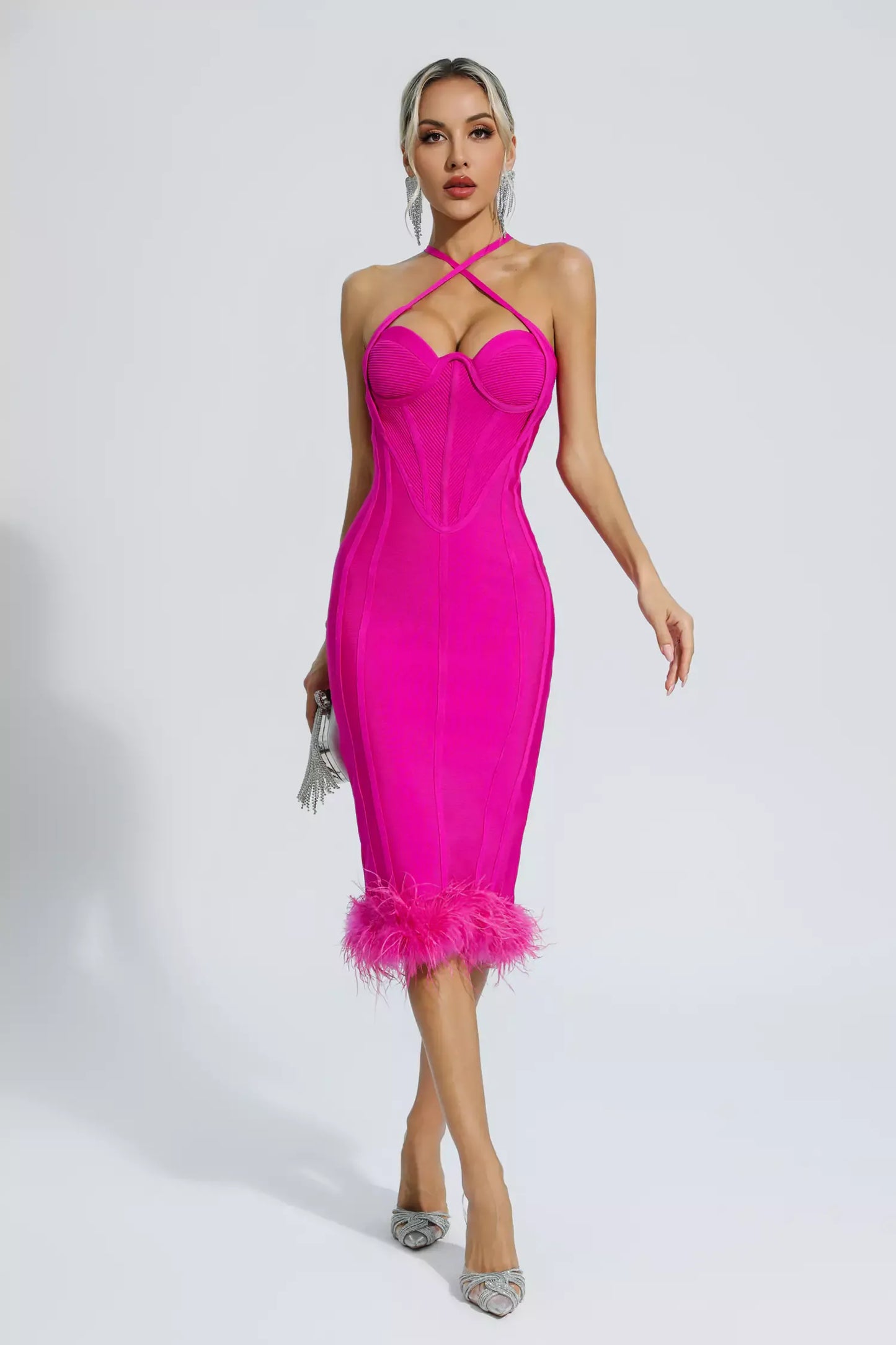 Aleah Pink Halterneck Bandage Midi Dress