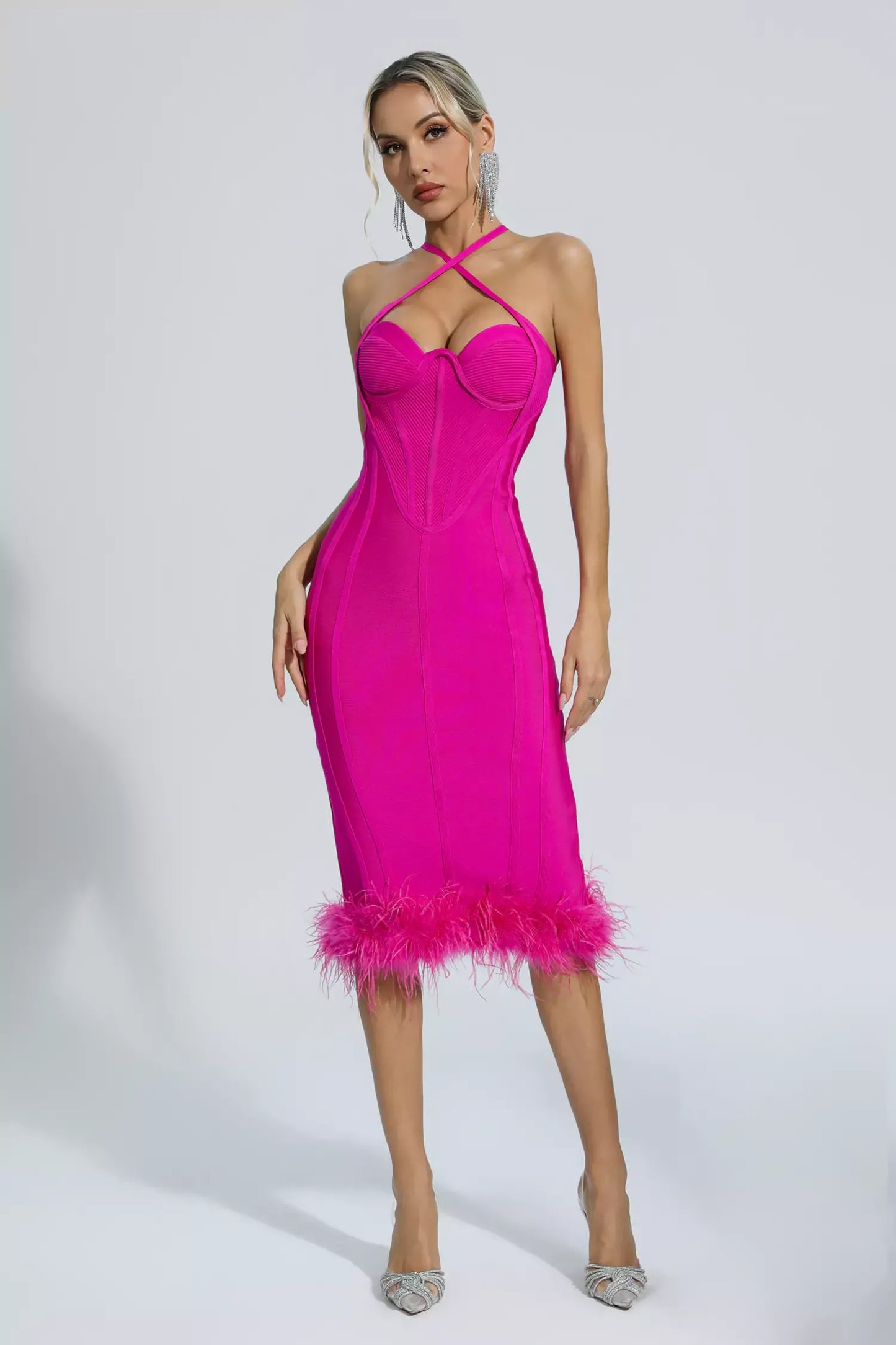 Aleah Pink Halterneck Bandage Midi Dress