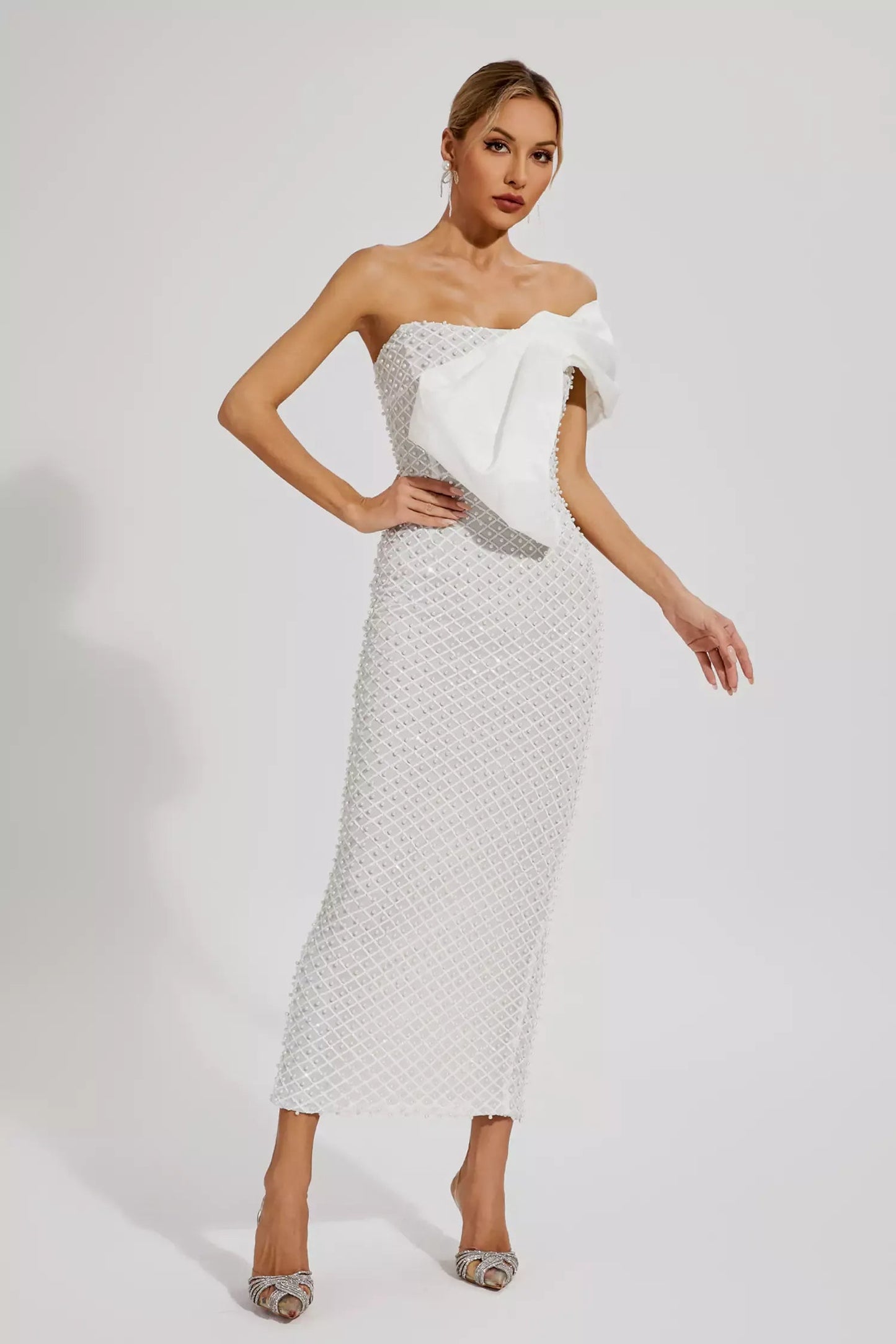 White Pearl Embellishment Bow Maxi Dress