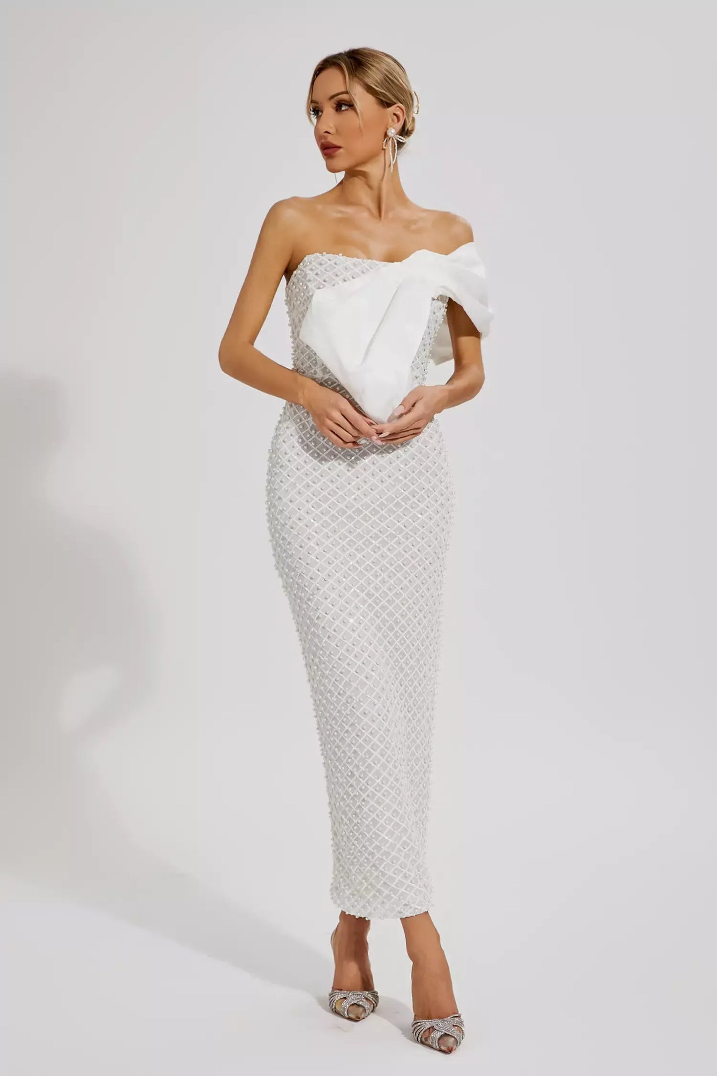 White Pearl Embellishment Bow Maxi Dress