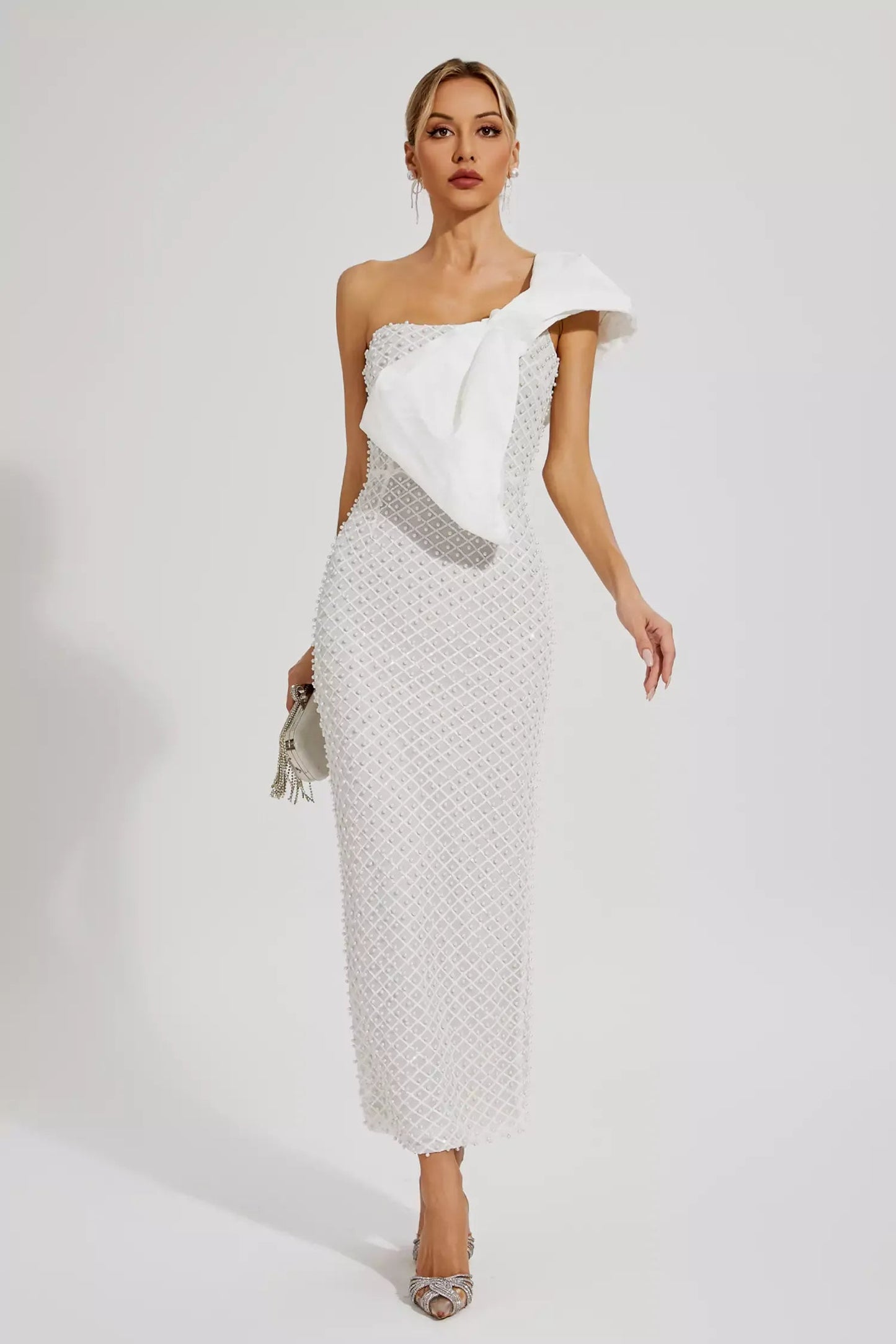 White Pearl Embellishment Bow Maxi Dress