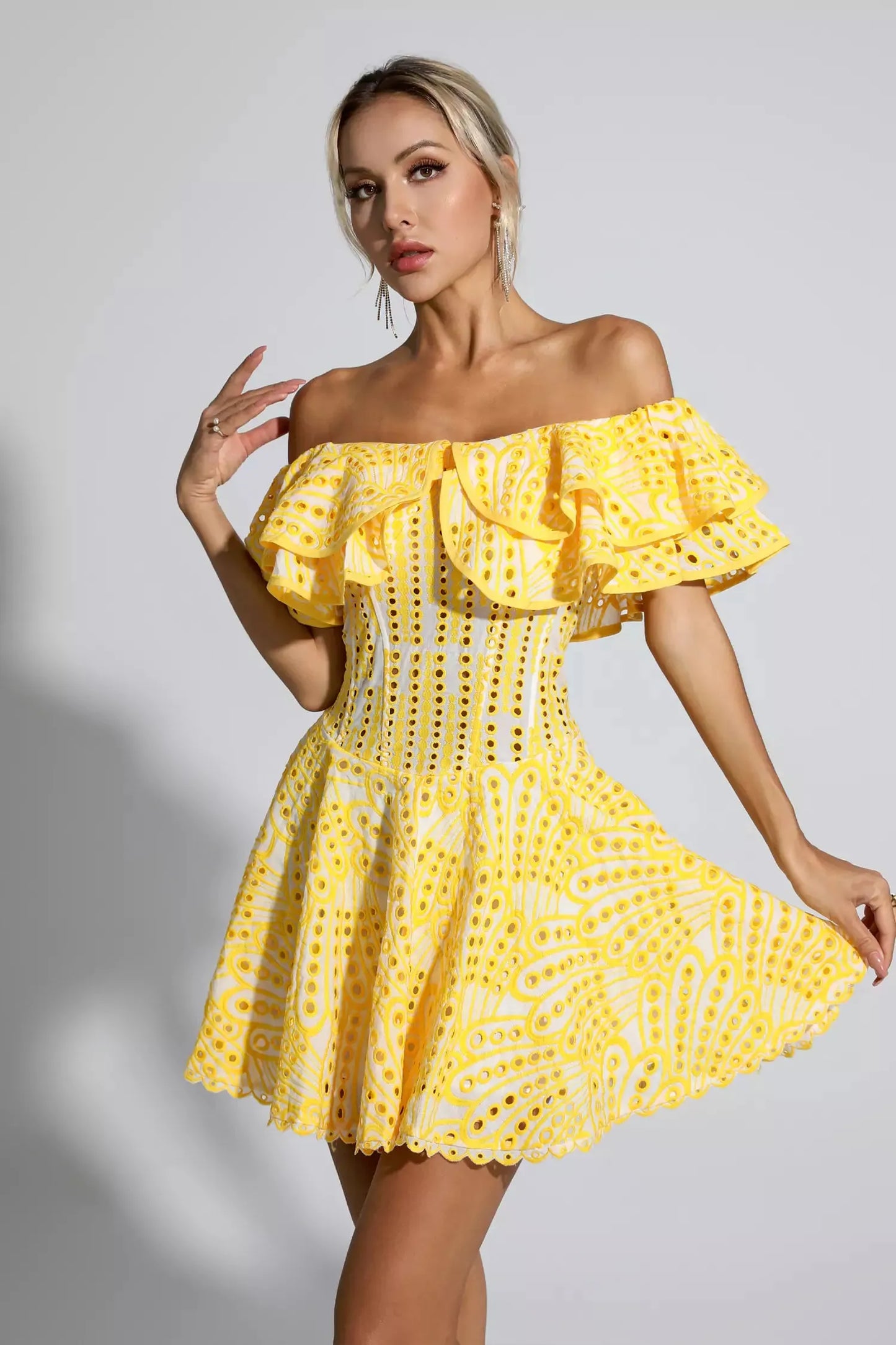 Amora Yellow Cutout Ruffle Mini Dress