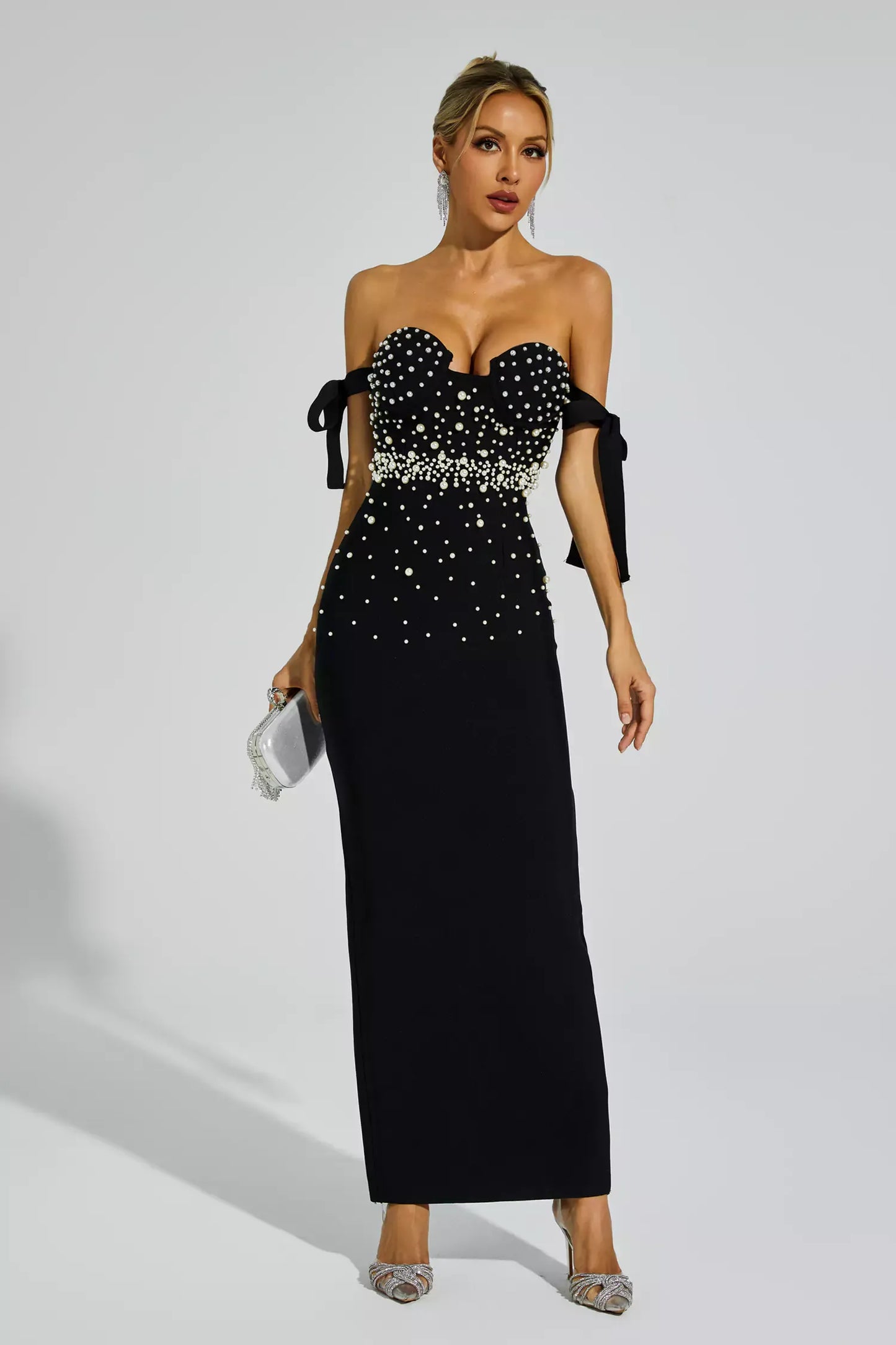 Antony Black Pearl Embellished Bandage Maxi Dress