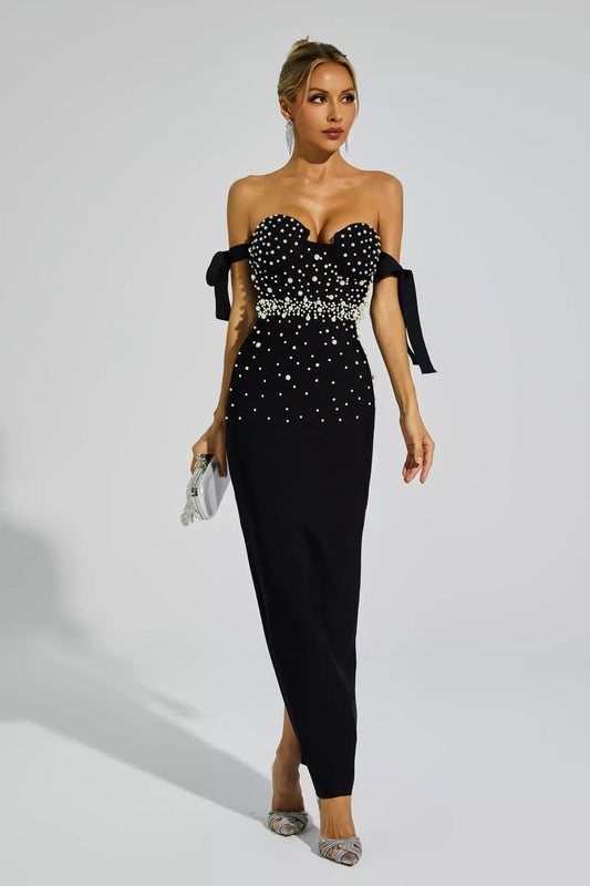 Antony Black Pearl Embellished Bandage Maxi Dress