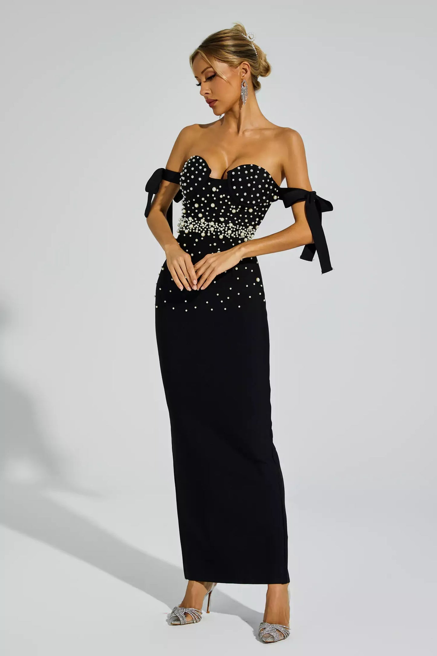 Antony Black Pearl Embellished Bandage Maxi Dress