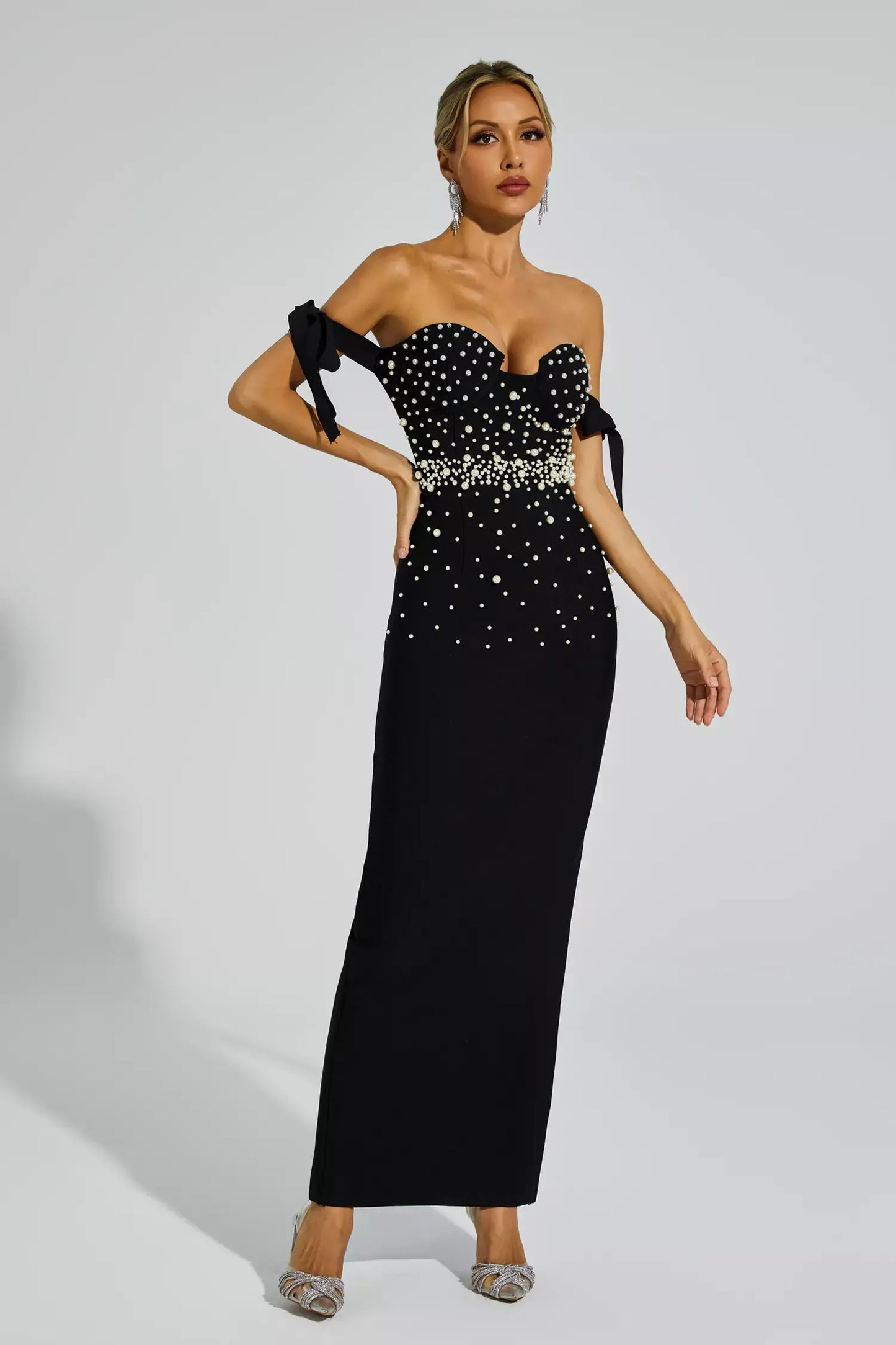 Antony Black Pearl Embellished Bandage Maxi Dress