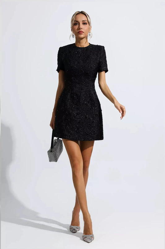 Astrid Black Jacquard Floral Mini Dress(Run small)