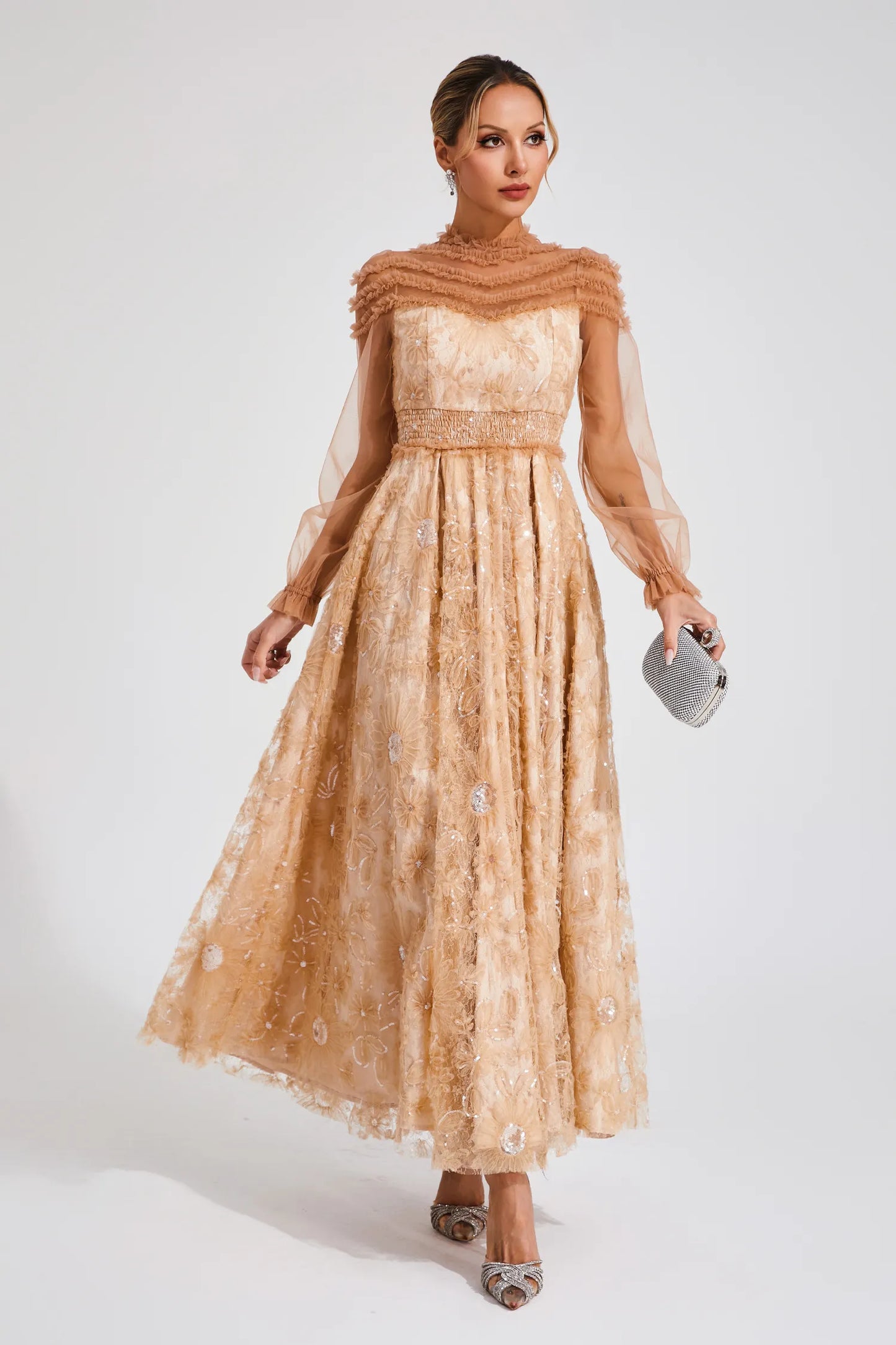 Nova Beige Lace Sequins Maxi Dress