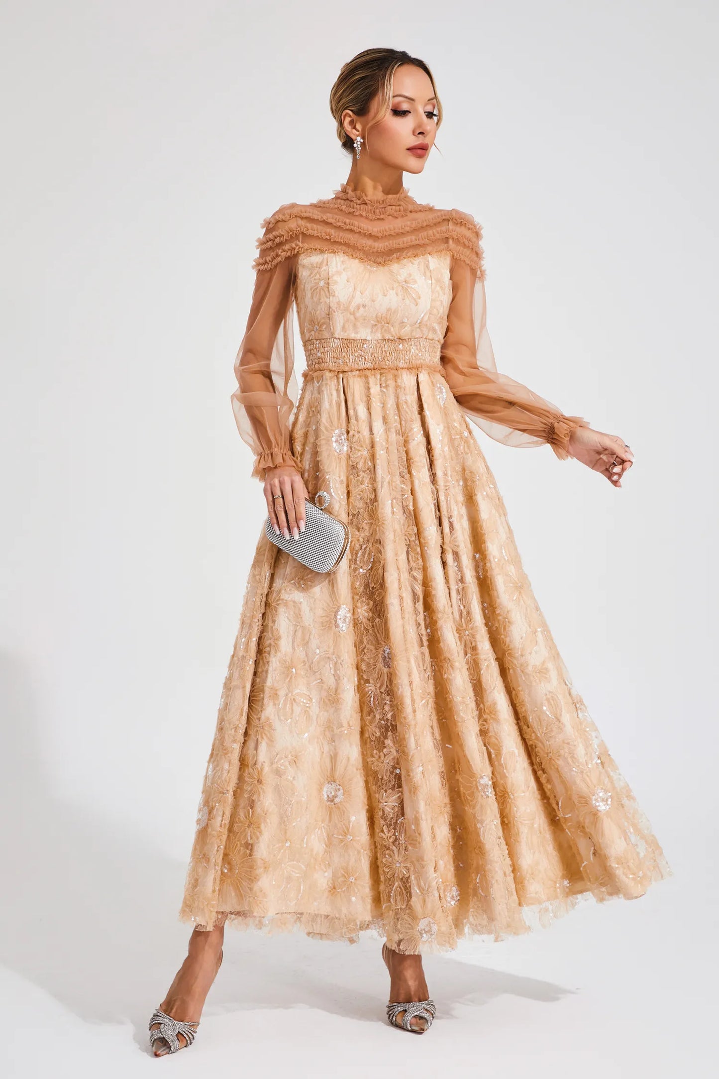 Nova Beige Lace Sequins Maxi Dress