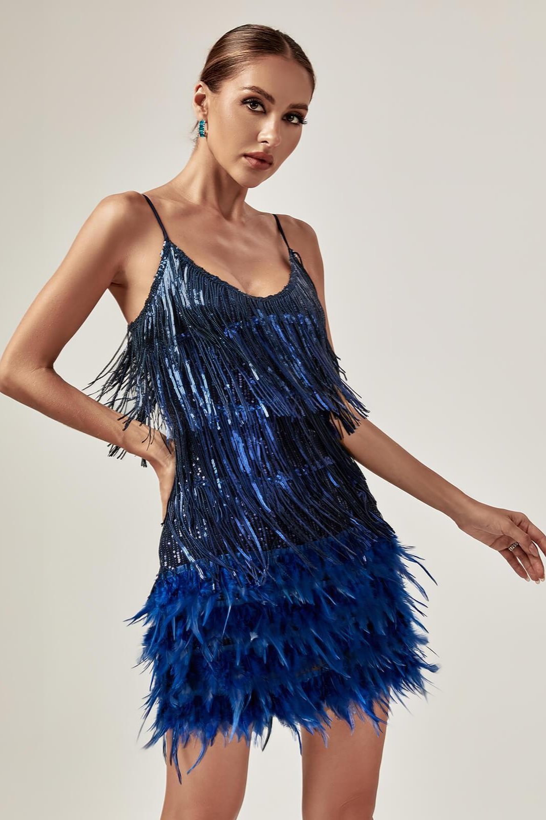 Austyn Tassel Feather Mini Dress In Royal Blue