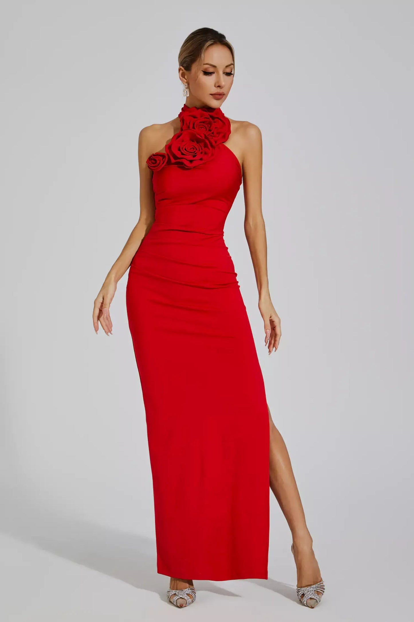 Natalie Red Floral Ruched Halter Maxi Dress