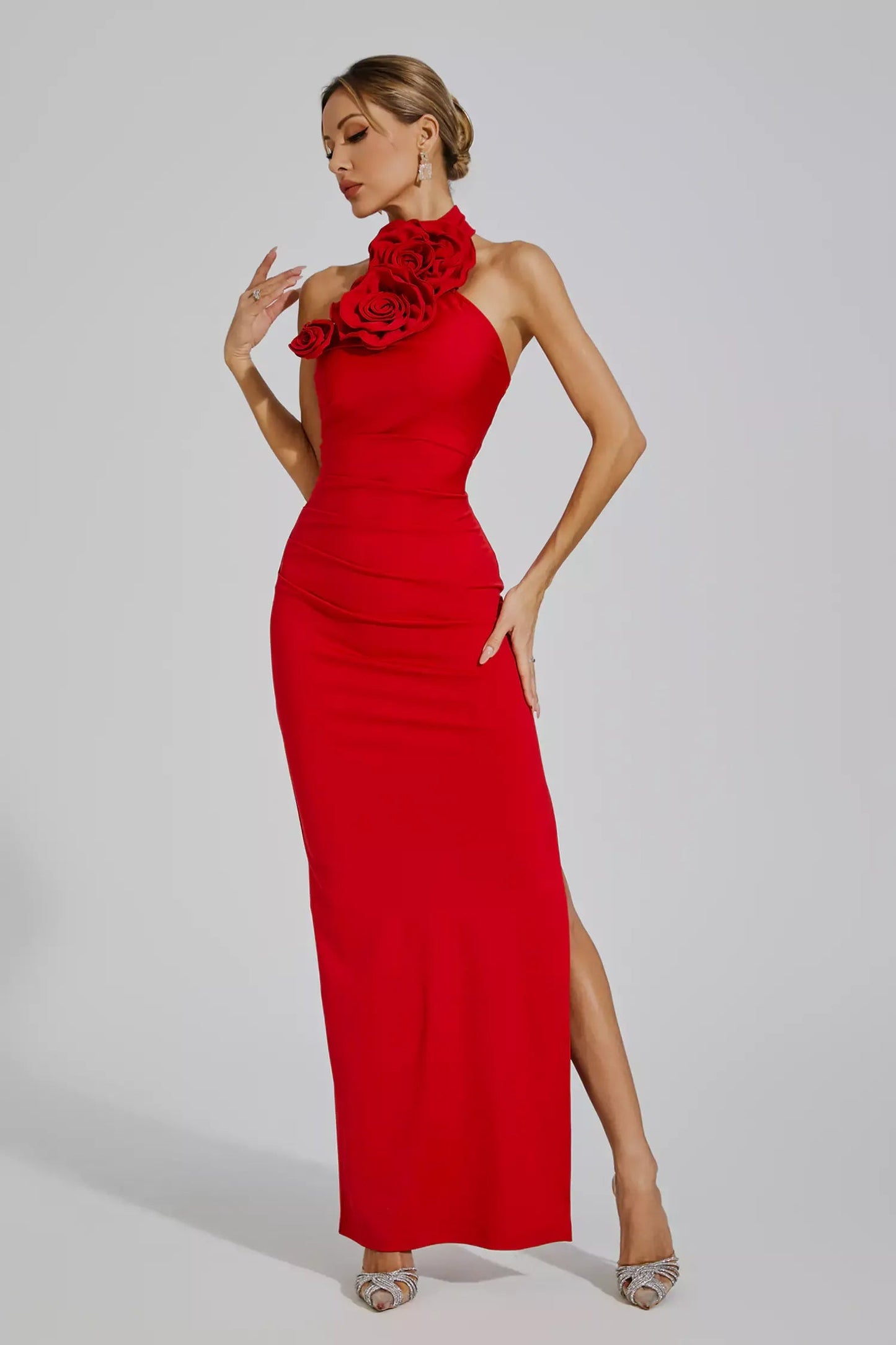 Natalie Red Floral Ruched Halter Maxi Dress