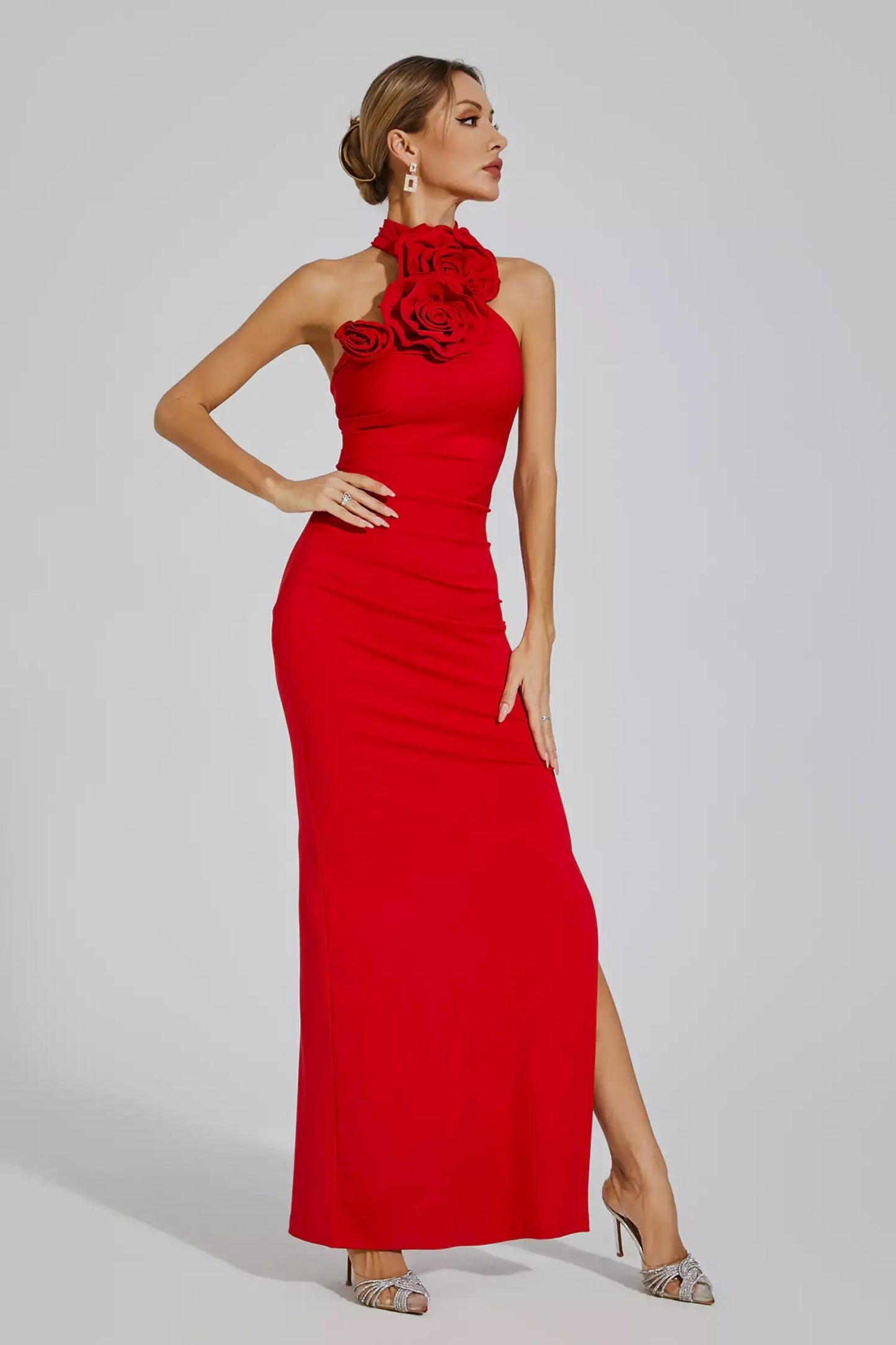 Natalie Red Floral Ruched Halter Maxi Dress