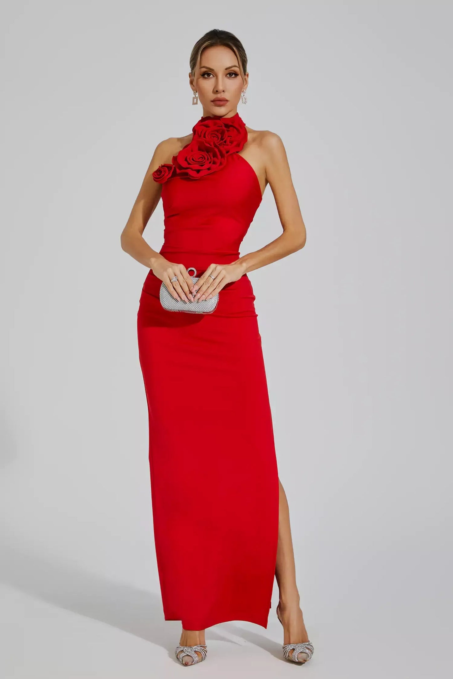 Natalie Red Floral Ruched Halter Maxi Dress