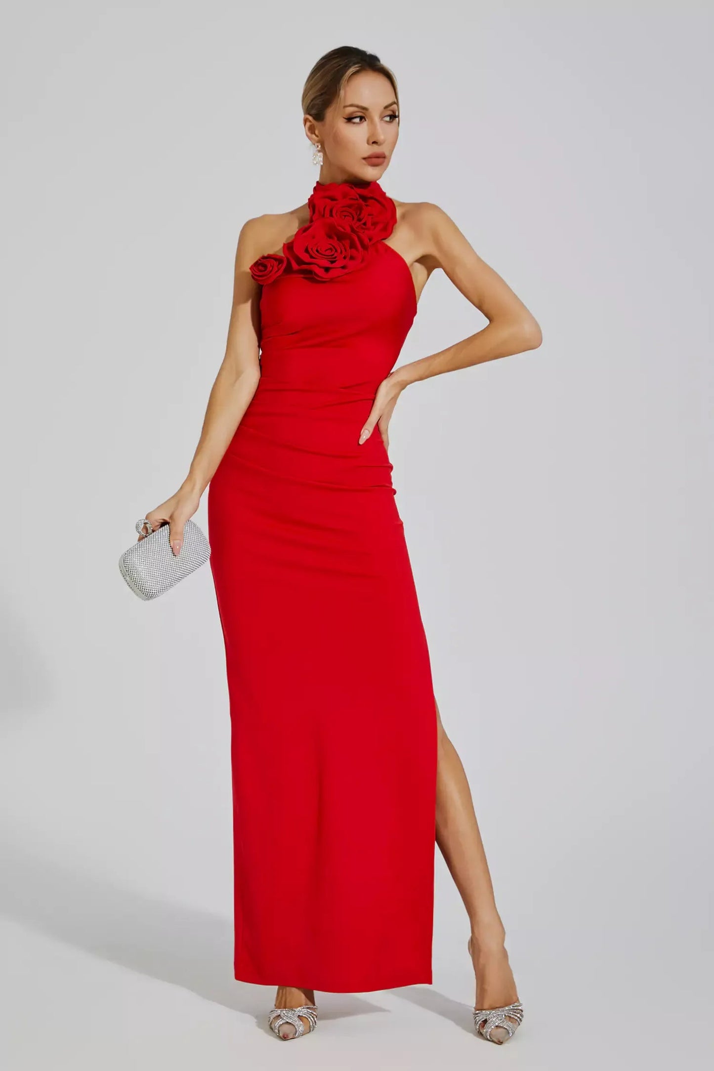 Natalie Red Floral Ruched Halter Maxi Dress