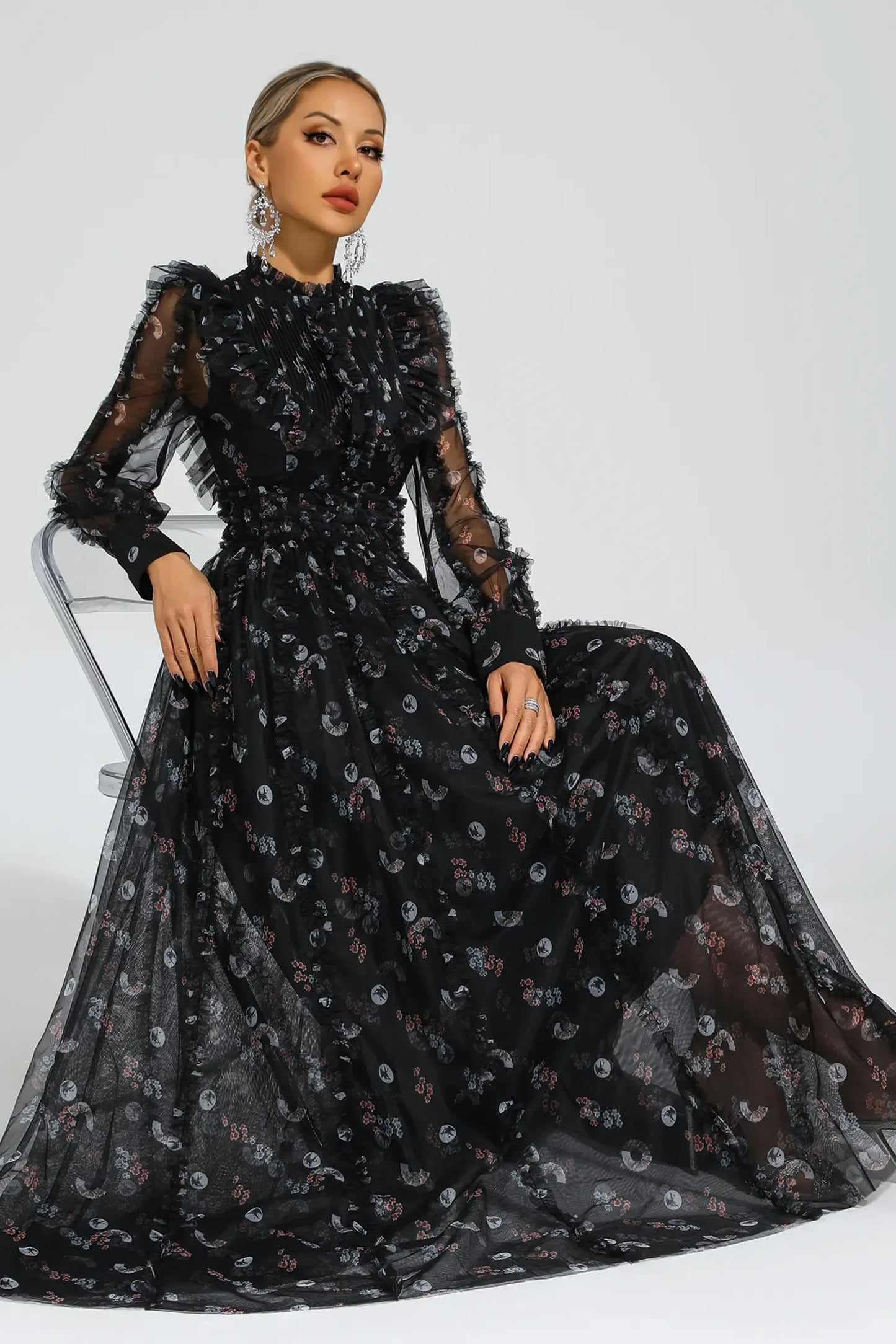 Elara Black Floral Long Sleeve Maxi Dress