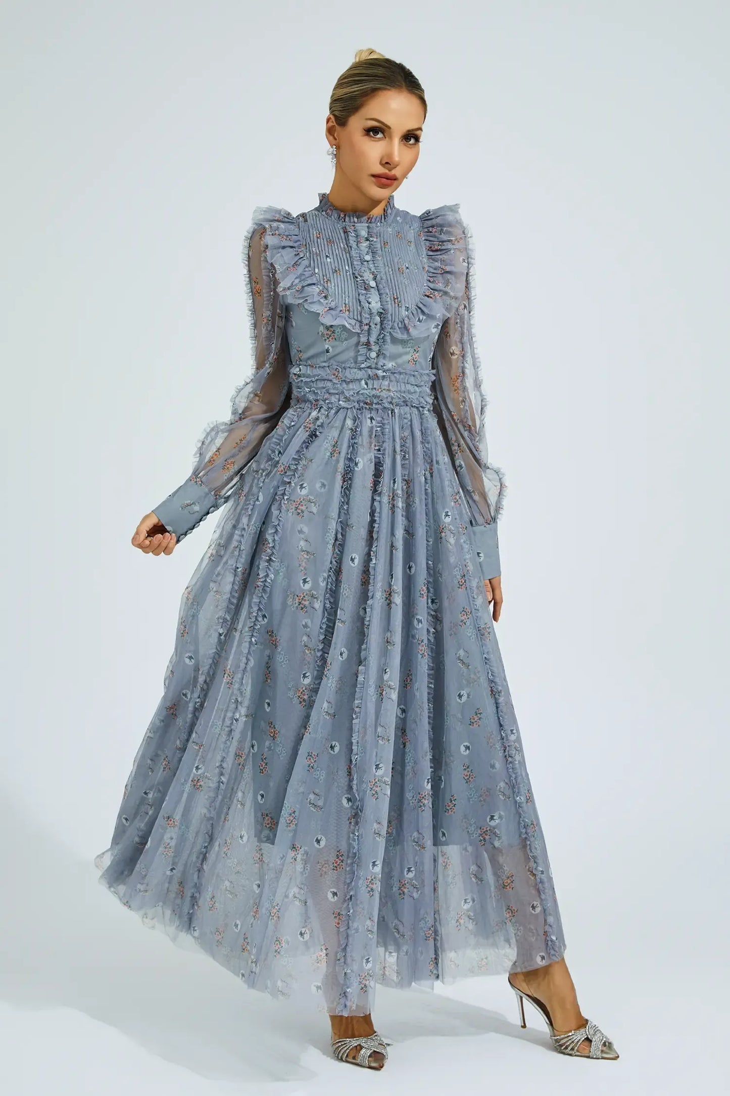 Elara Blue Floral Long Sleeve Maxi Dress