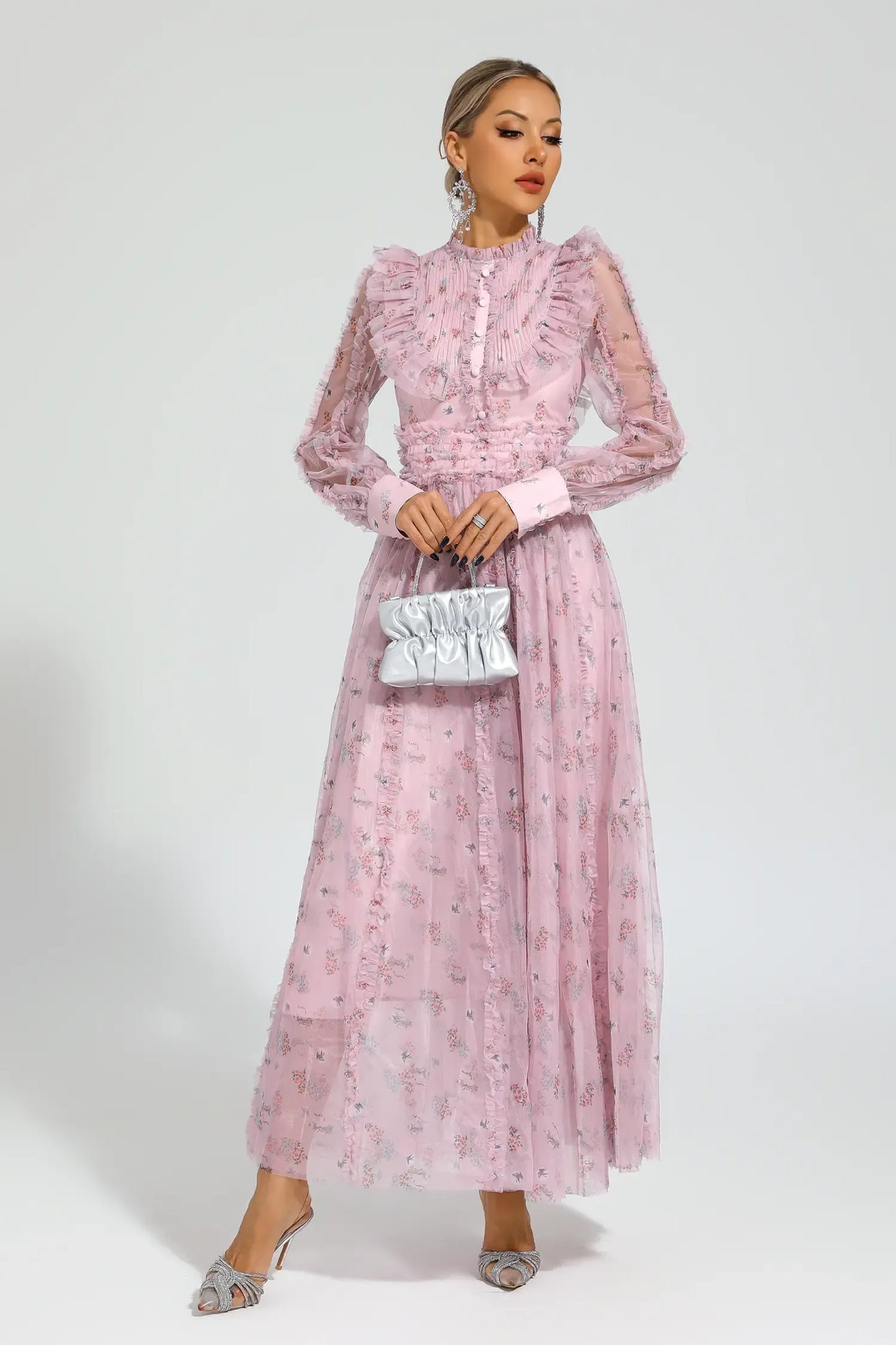 Elara Pink Floral Long Sleeve Maxi Dress