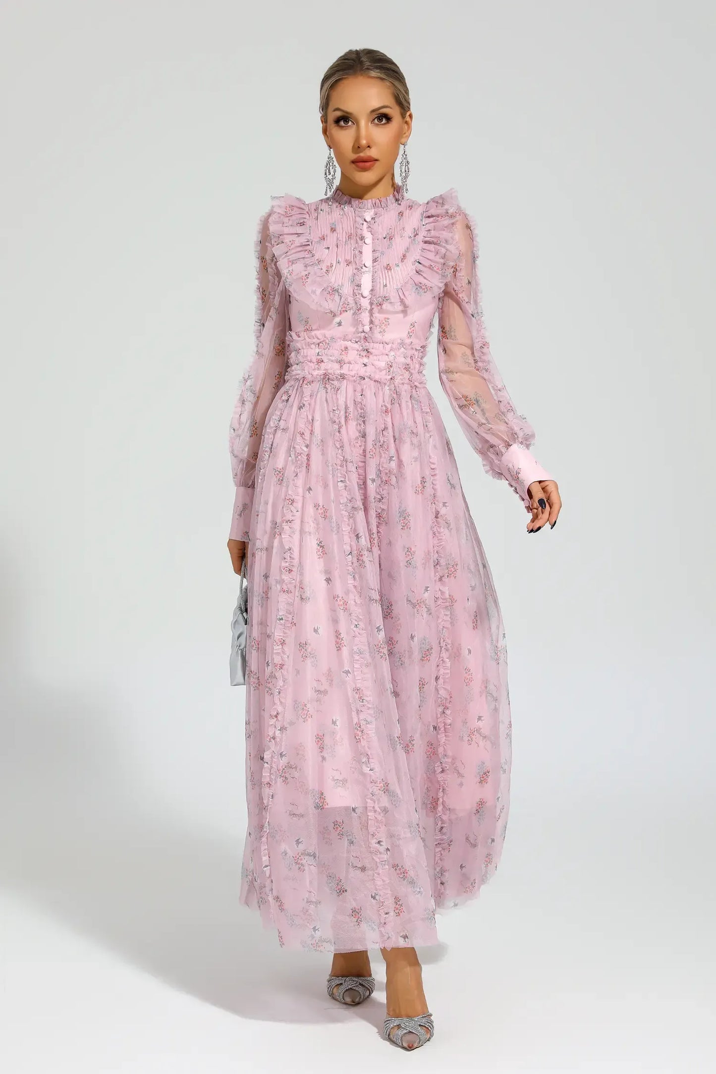 Elara Pink Floral Long Sleeve Maxi Dress