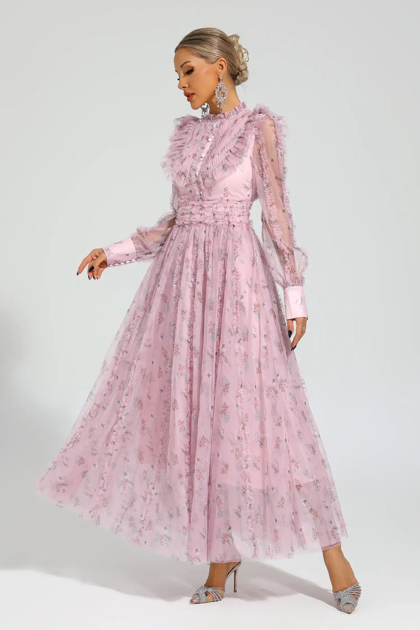 Elara Pink Floral Long Sleeve Maxi Dress