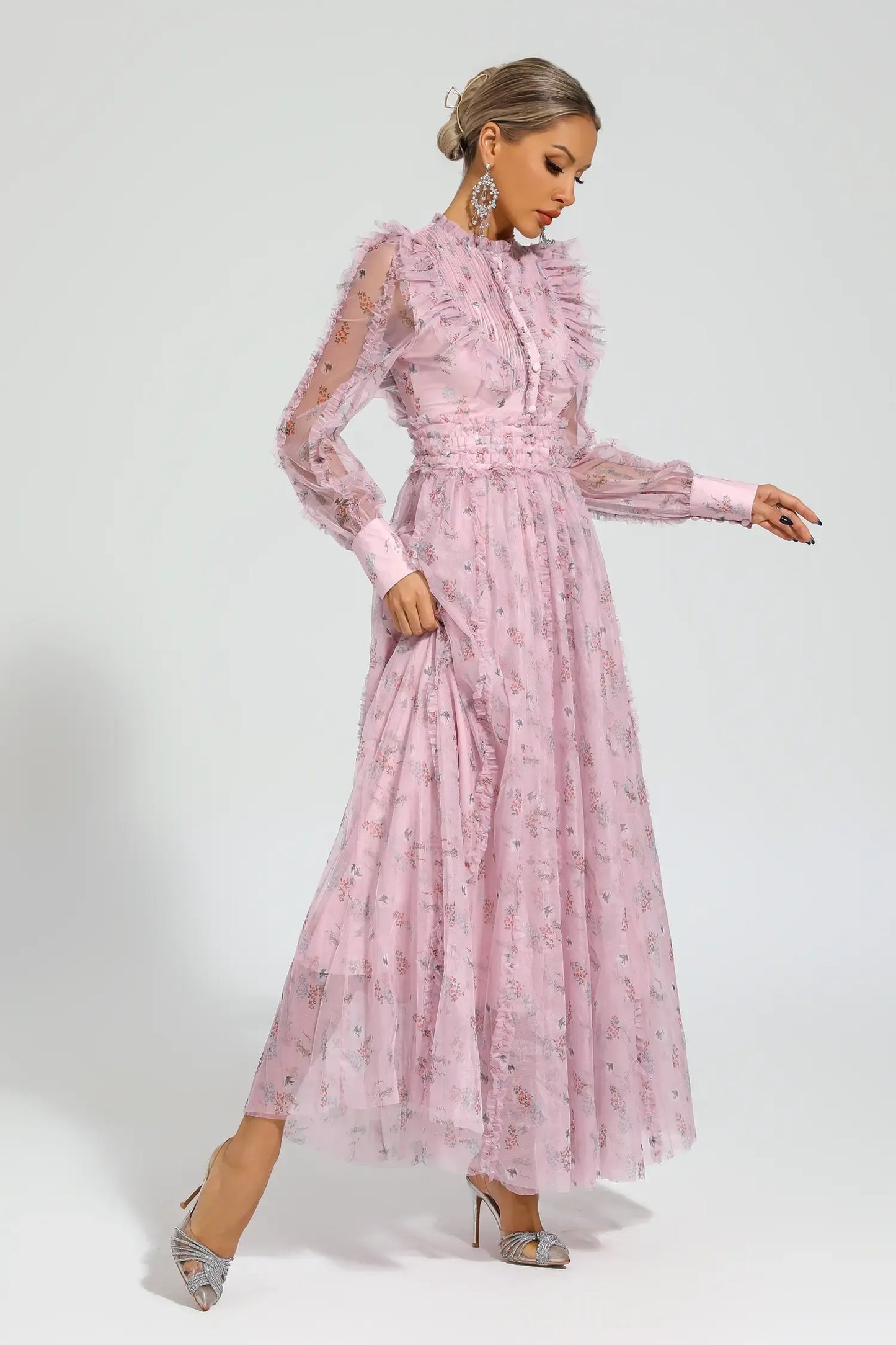 Elara Pink Floral Long Sleeve Maxi Dress