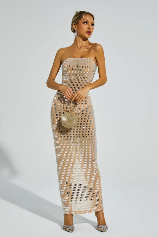 Boris Champagne Diamond Off Shoulder Maxi Dress