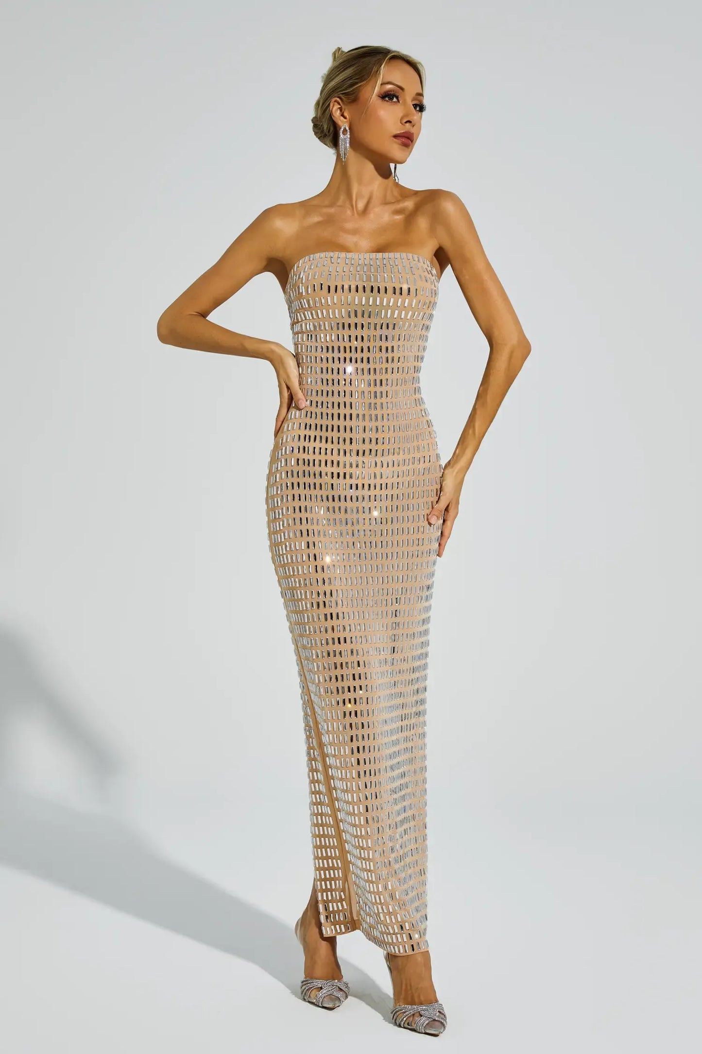 Boris Champagne Diamond Off Shoulder Maxi Dress