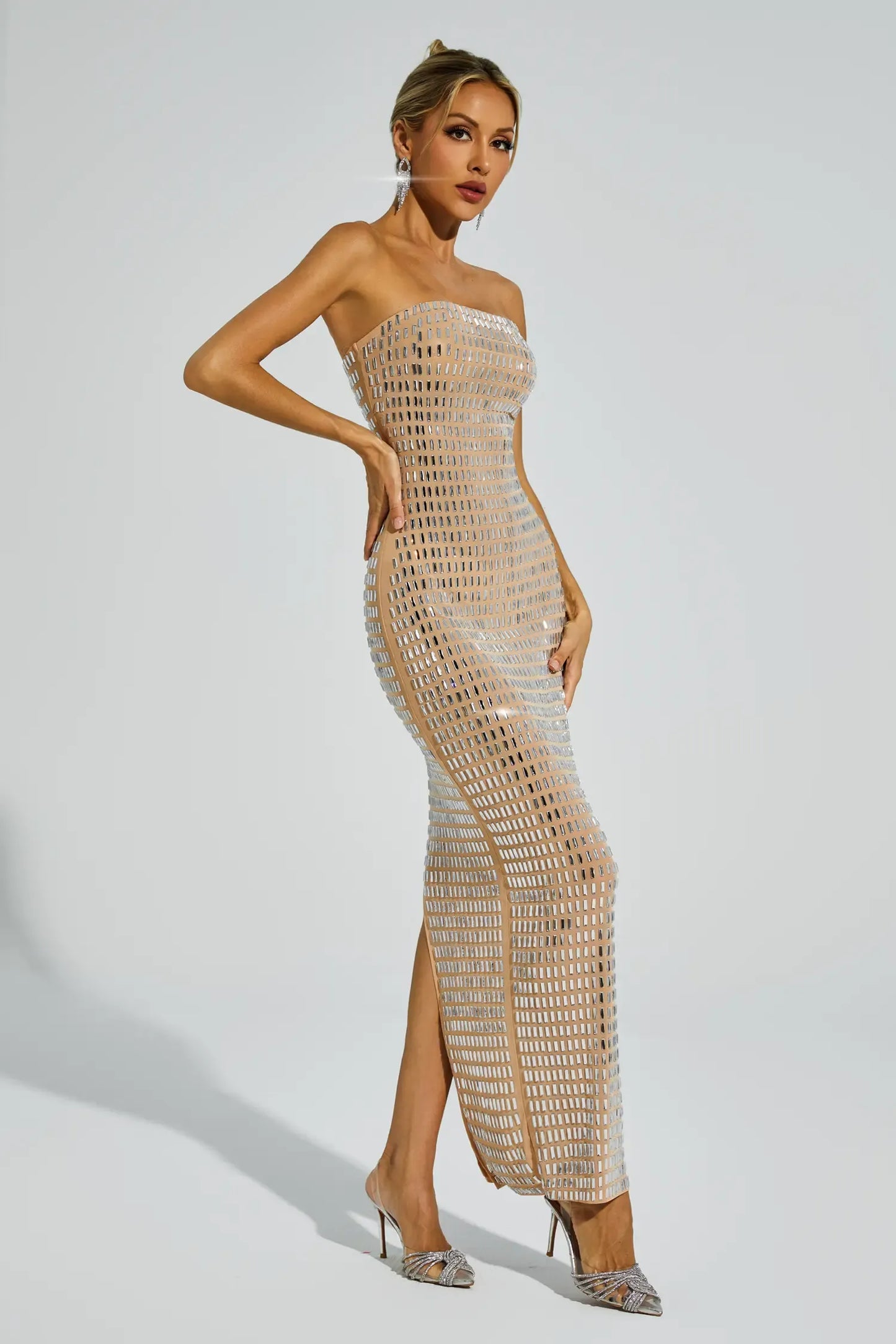 Boris Champagne Diamond Off Shoulder Maxi Dress