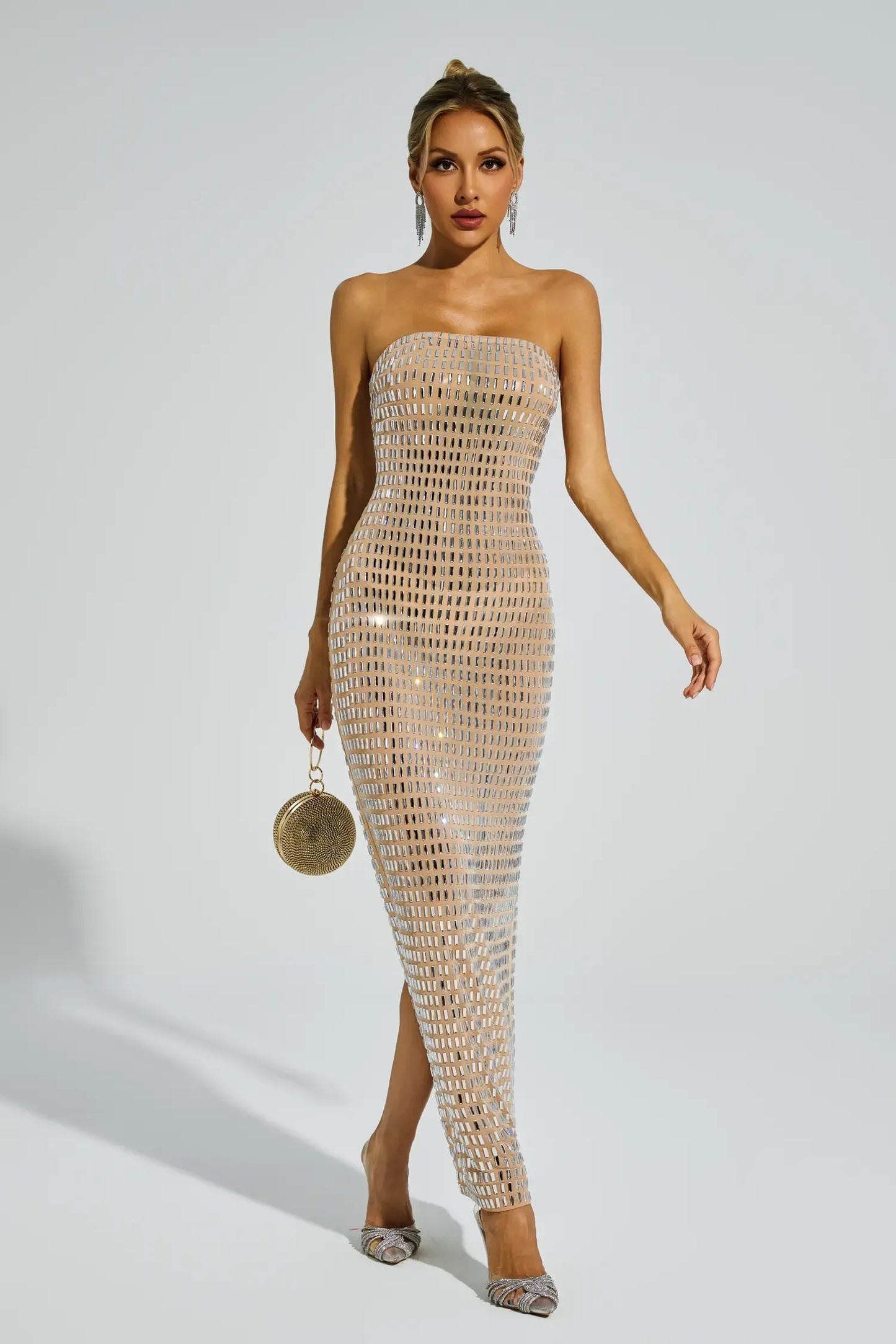 Boris Champagne Diamond Off Shoulder Maxi Dress