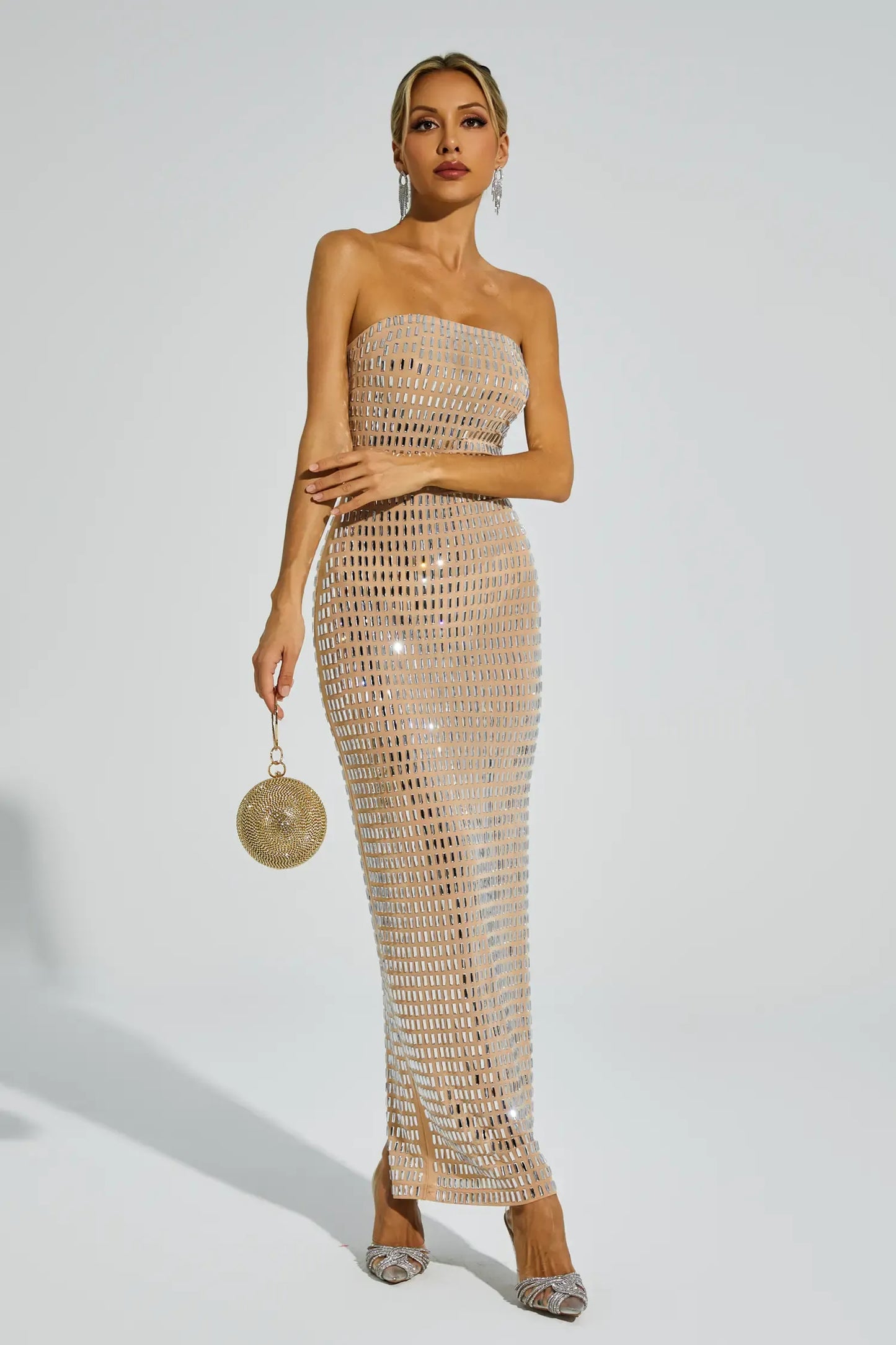 Boris Champagne Diamond Off Shoulder Maxi Dress