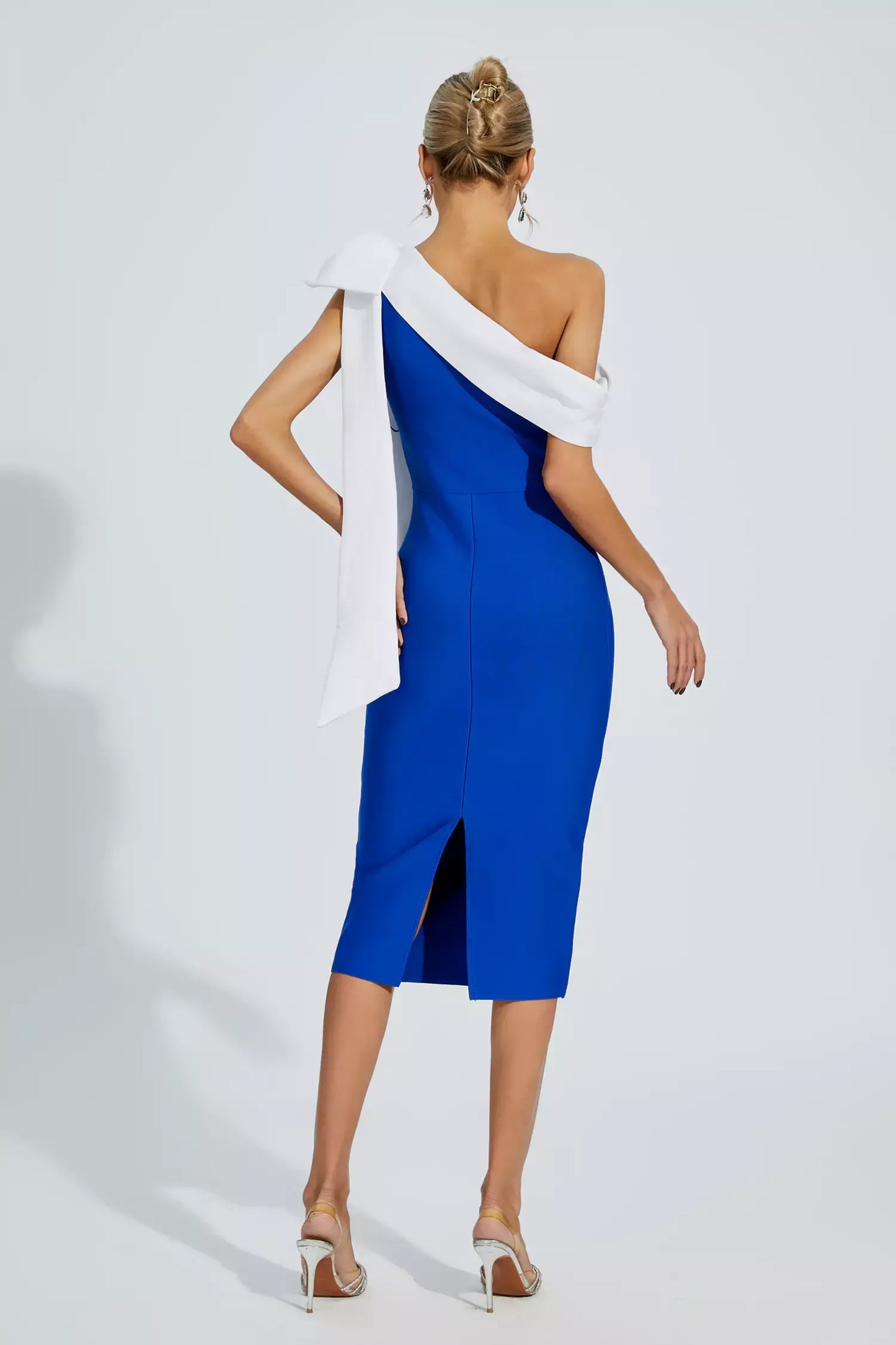 Braelyn Blue Bow One Shoulder Bandage Midi Dress