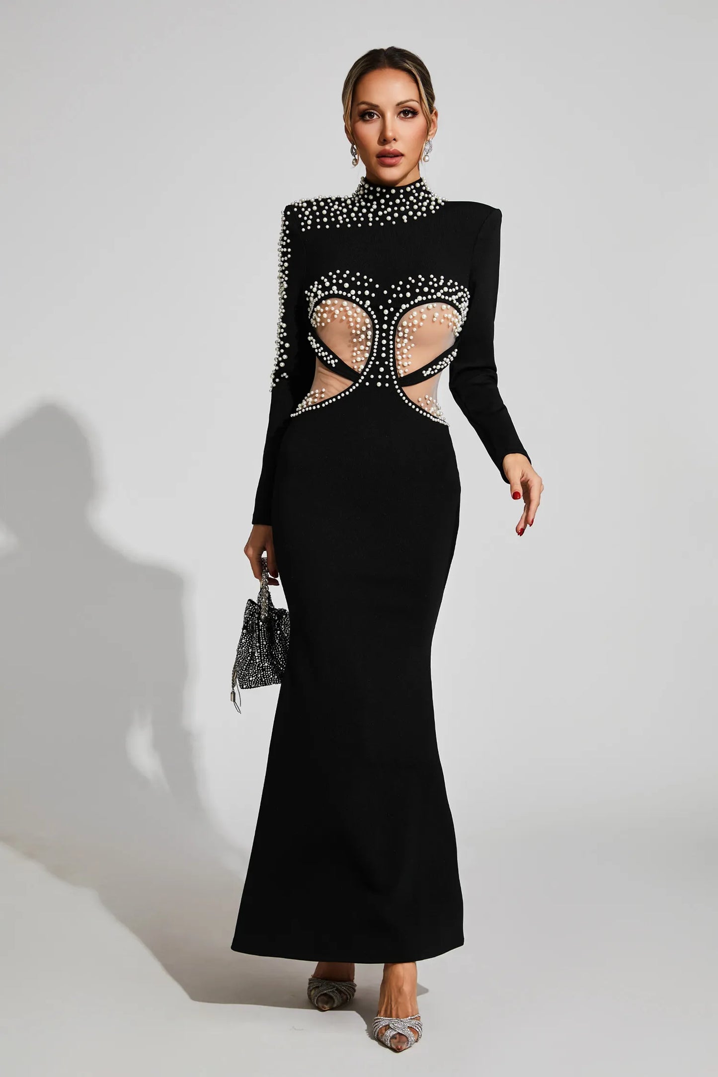 Rosalinde Black Cut Out Mesh Bandage Maxi Dress