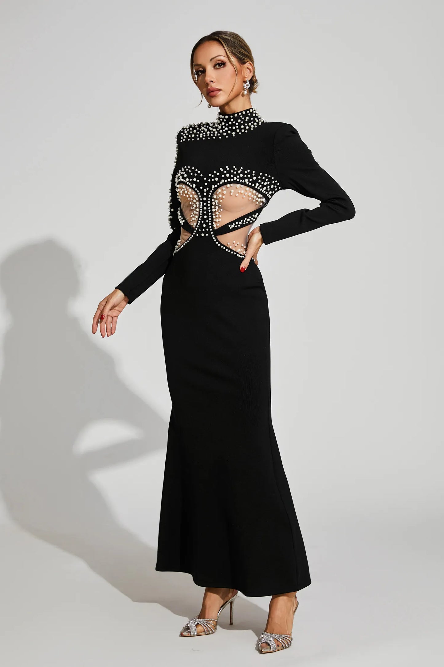 Rosalinde Black Cut Out Mesh Bandage Maxi Dress