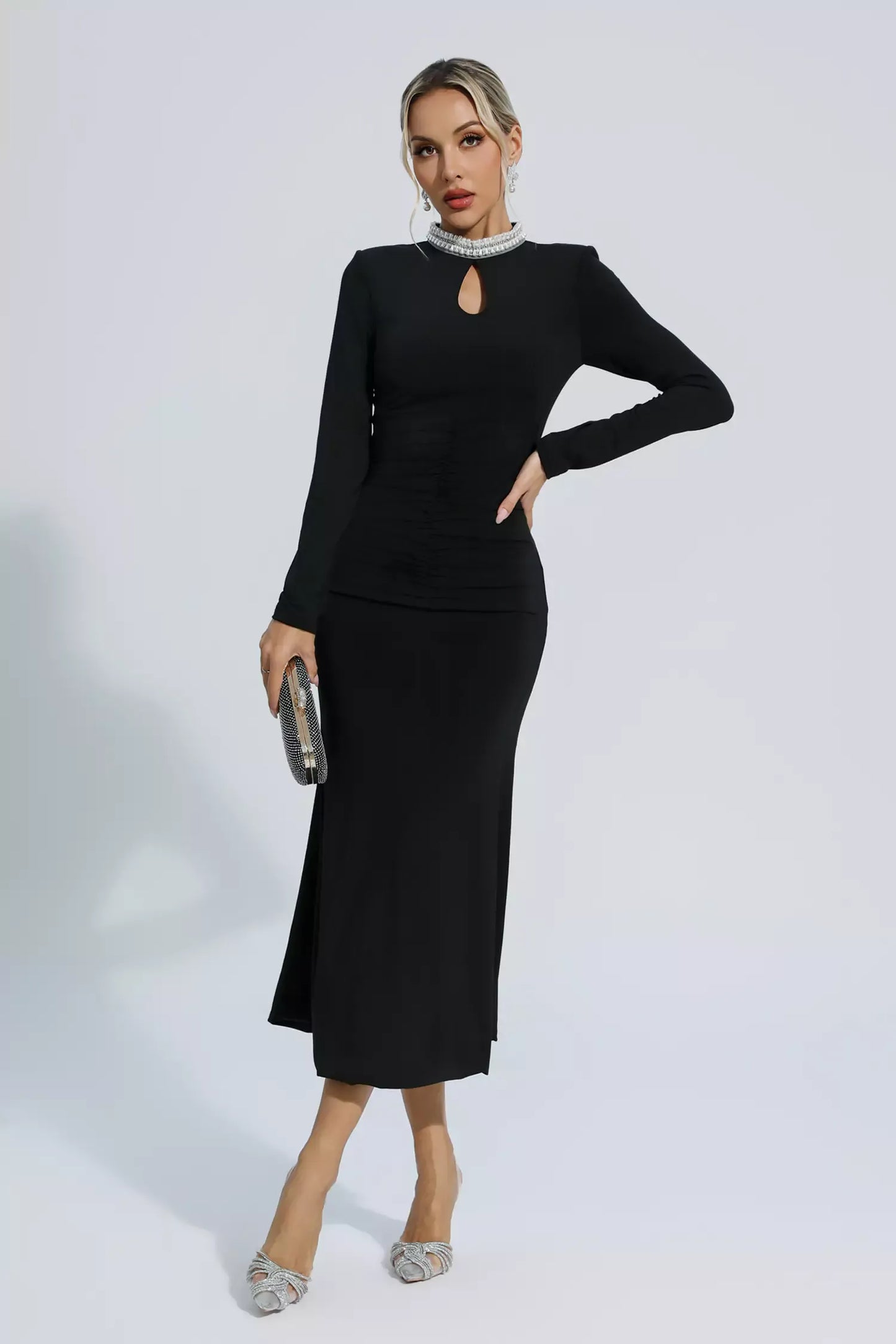 Christina Black Pearl Decorated Long Sleeve Maxi Dress