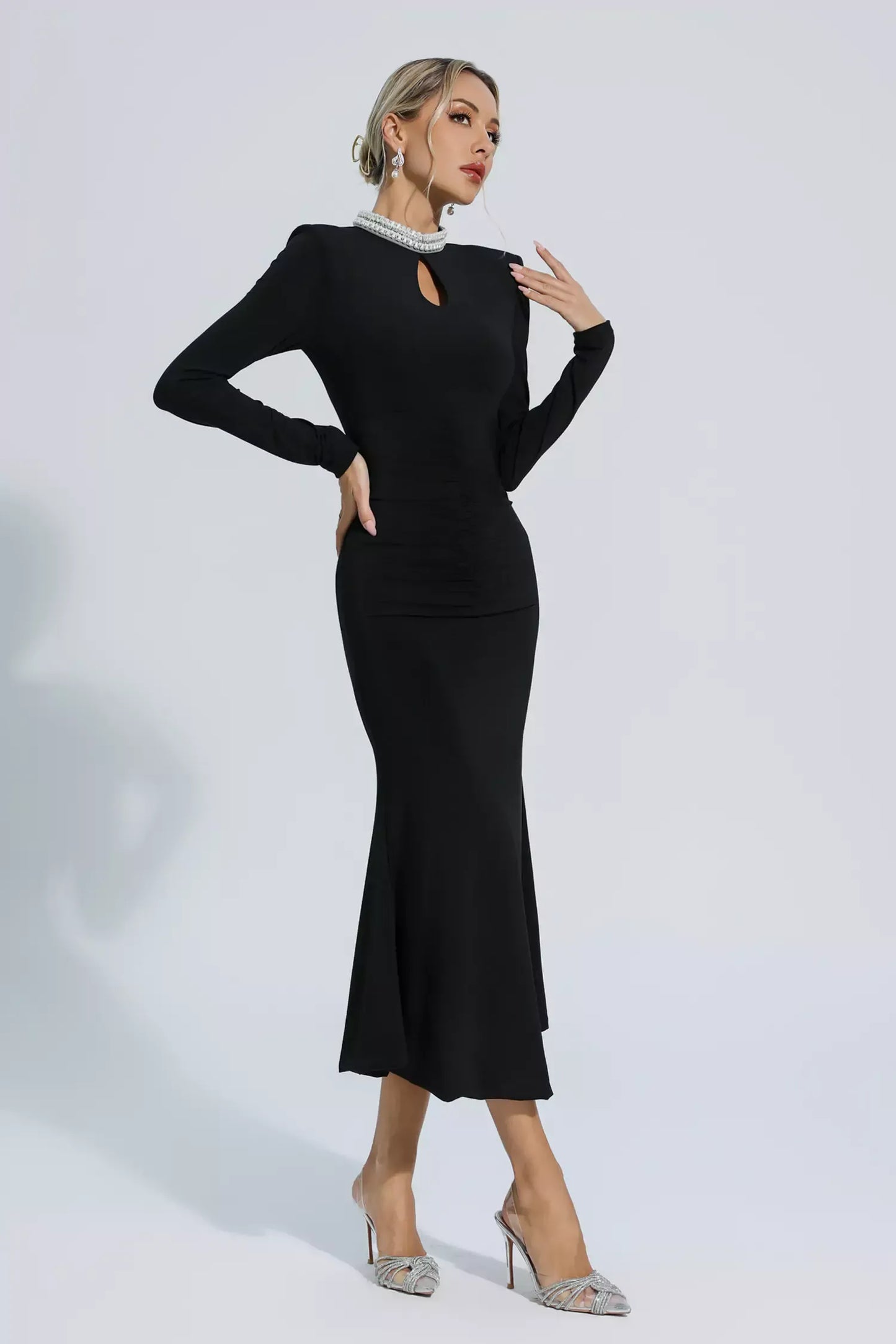 Christina Black Pearl Decorated Long Sleeve Maxi Dress