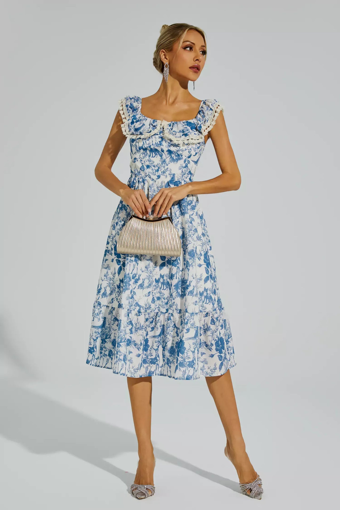 Connie Blue Flower Puffer Sleeve Midi Dress