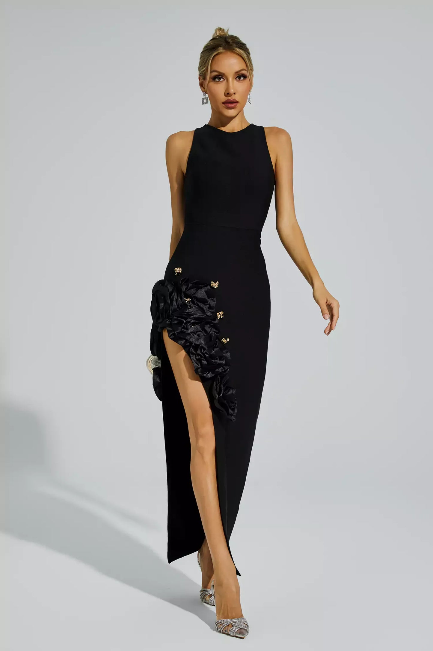 Darcy Black Rose Slit Bandage Maxi Dress