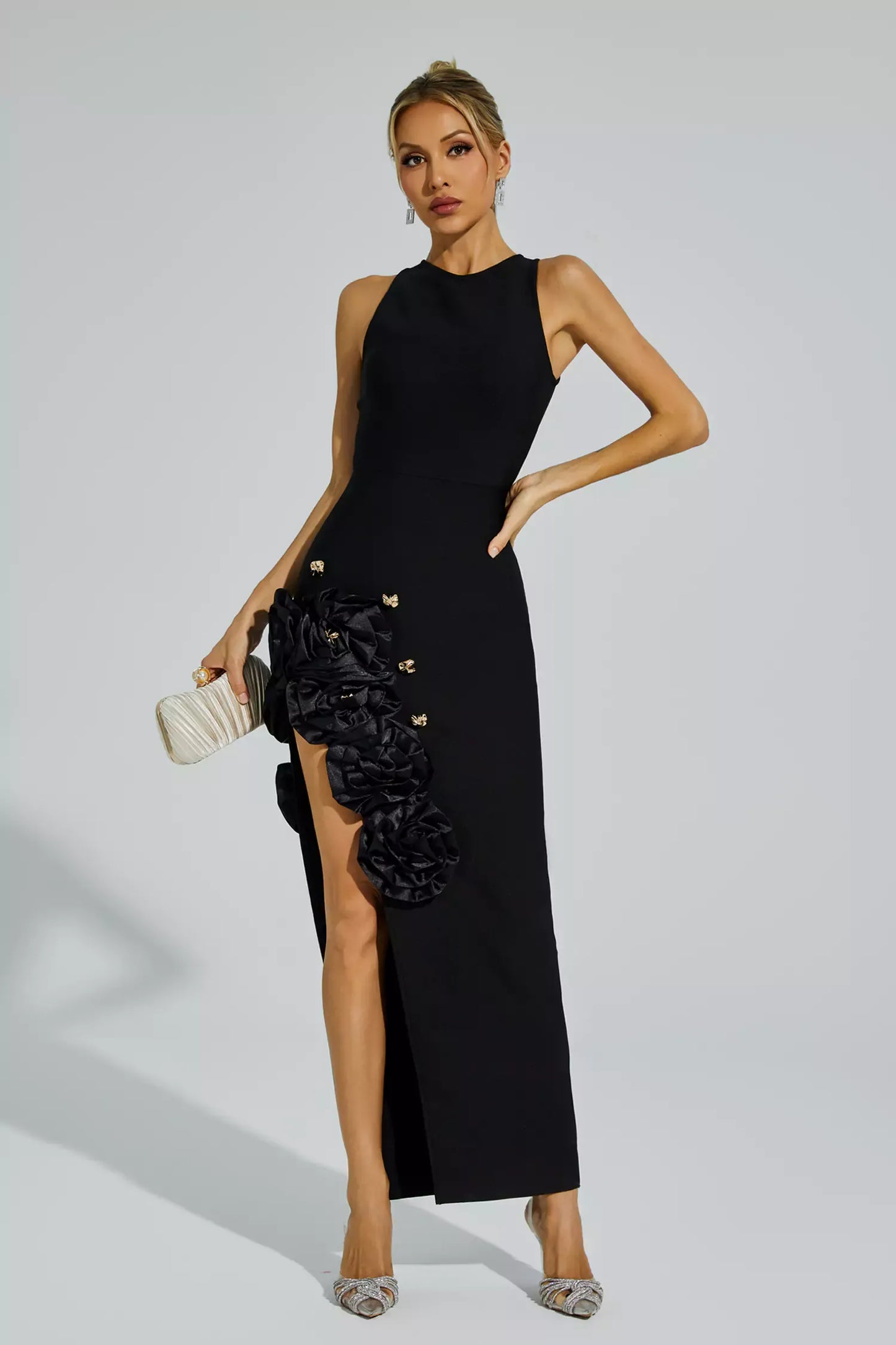 Darcy Black Rose Slit Bandage Maxi Dress