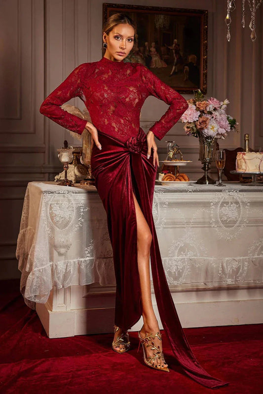 Hazel Flower Ruched Split Lace Velvet Maxi Dress