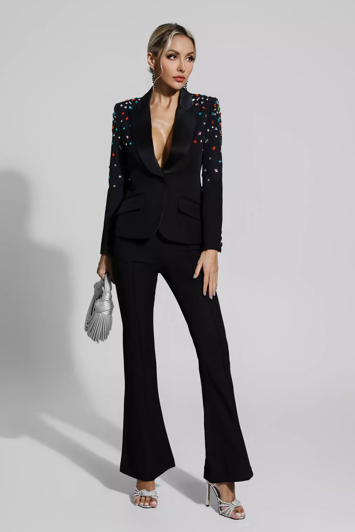 Emely Black Beaded Sequin Diamond Blazer Set