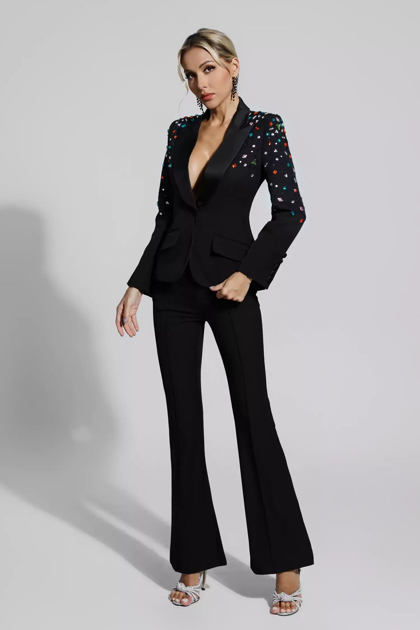 Emely Black Beaded Sequin Diamond Blazer Set