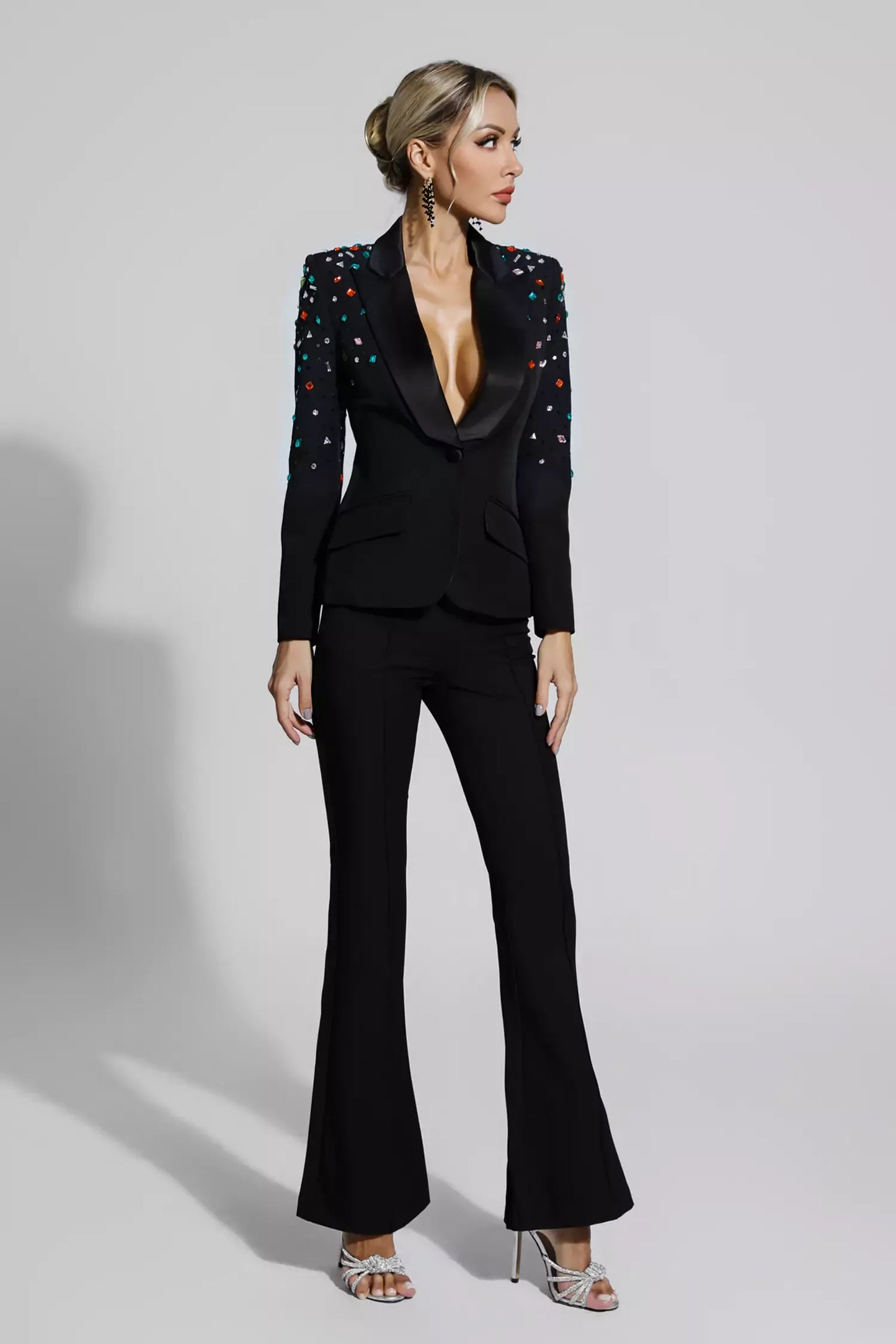 Emely Black Beaded Sequin Diamond Blazer Set