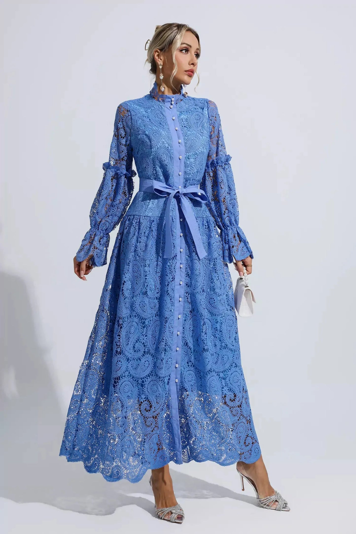 Esmeralda Blue Lace Floral Cutout Maxi Dress