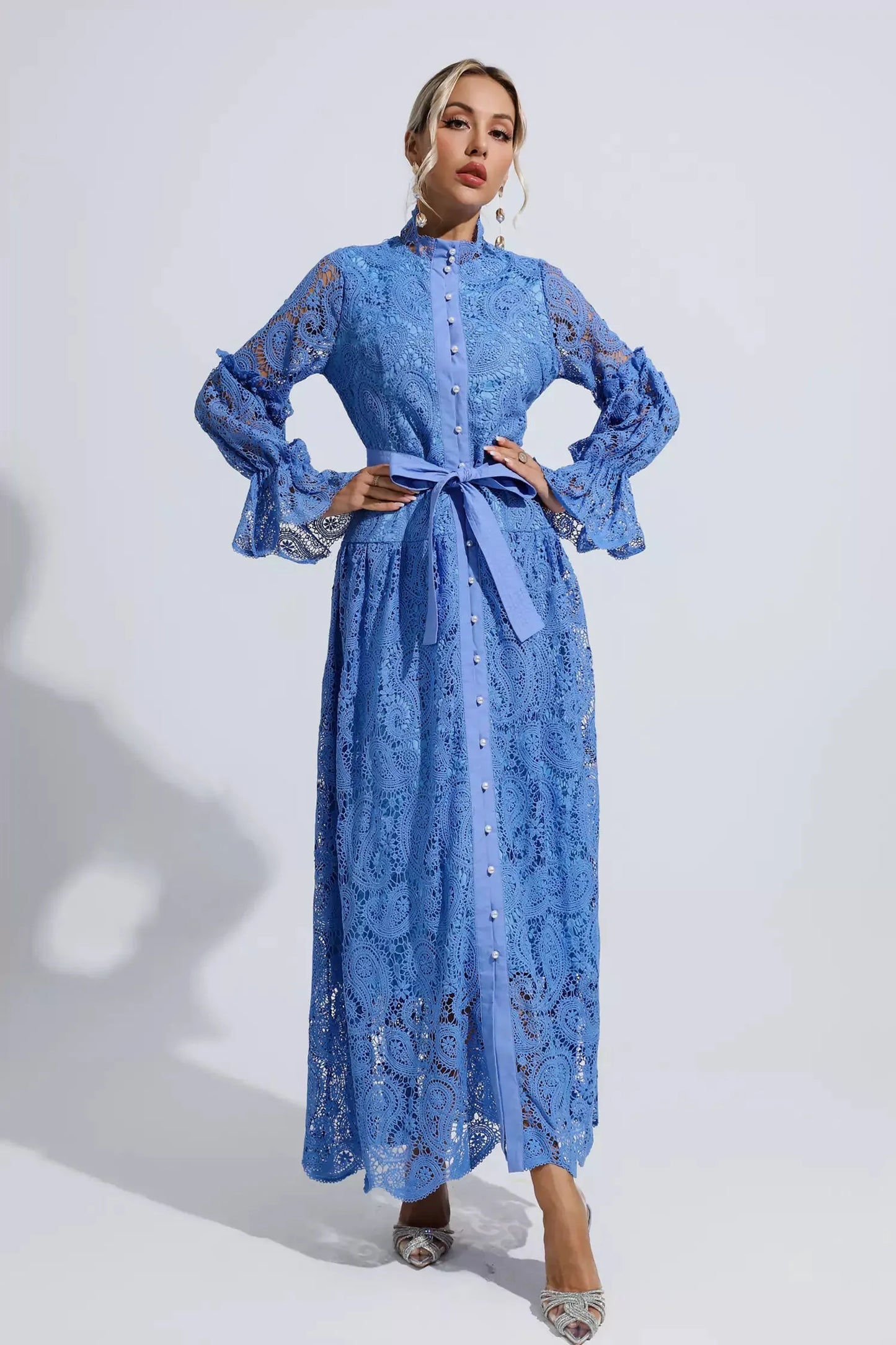 Esmeralda Blue Lace Floral Cutout Maxi Dress