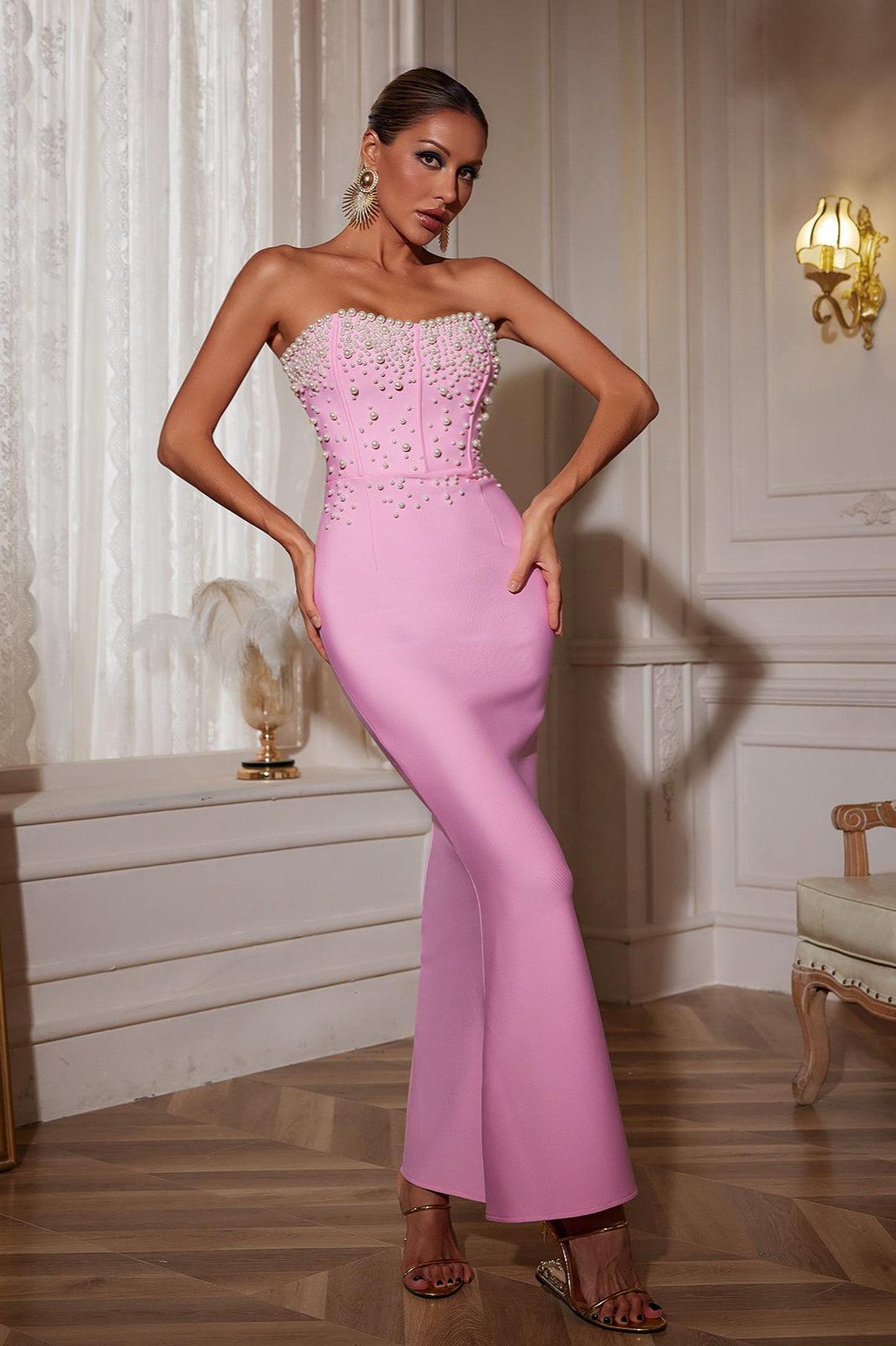 Everett Strapless Pearl Bandage Maxi Dress