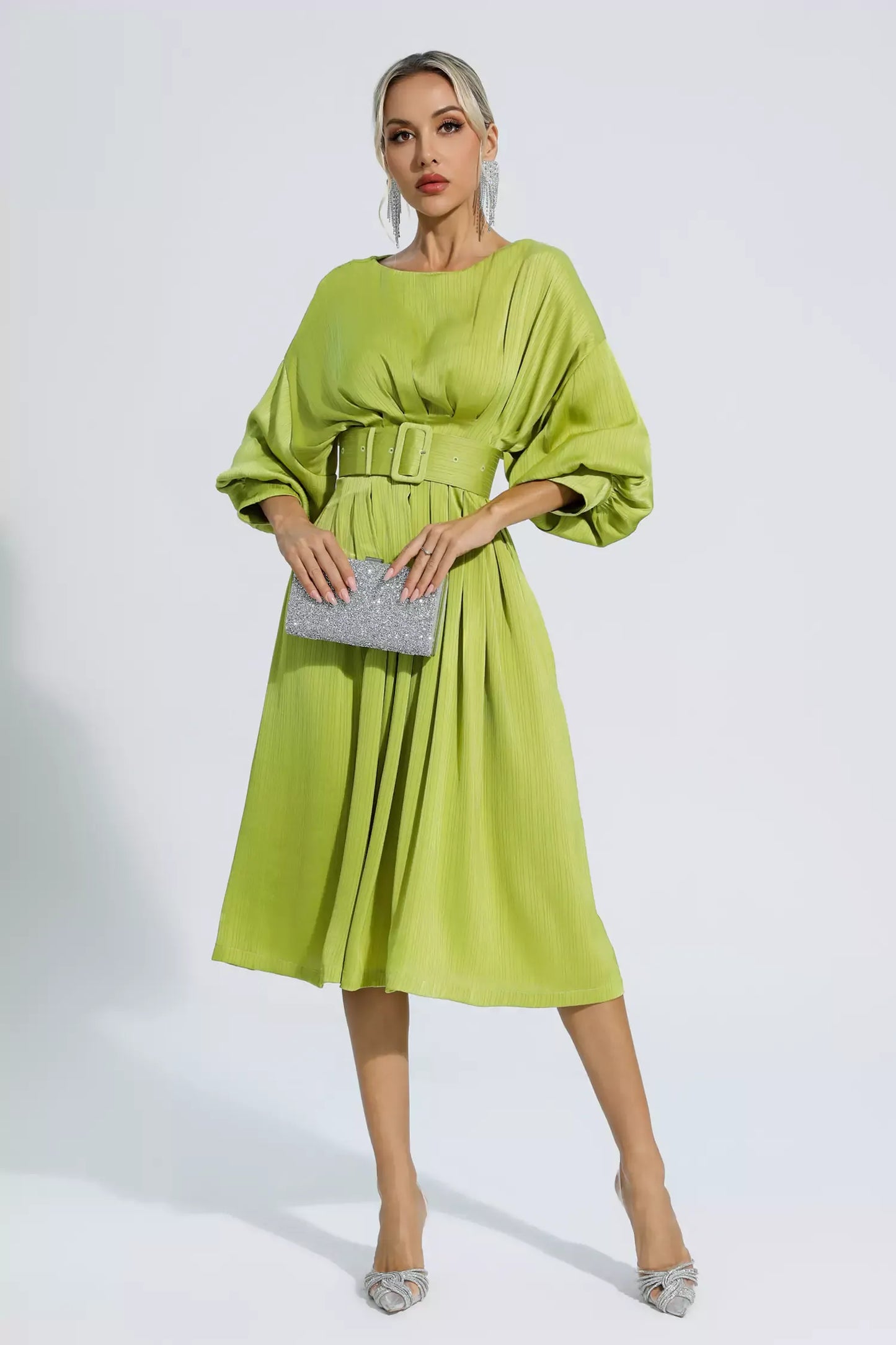 Flora Light Green Satin Midi Dress