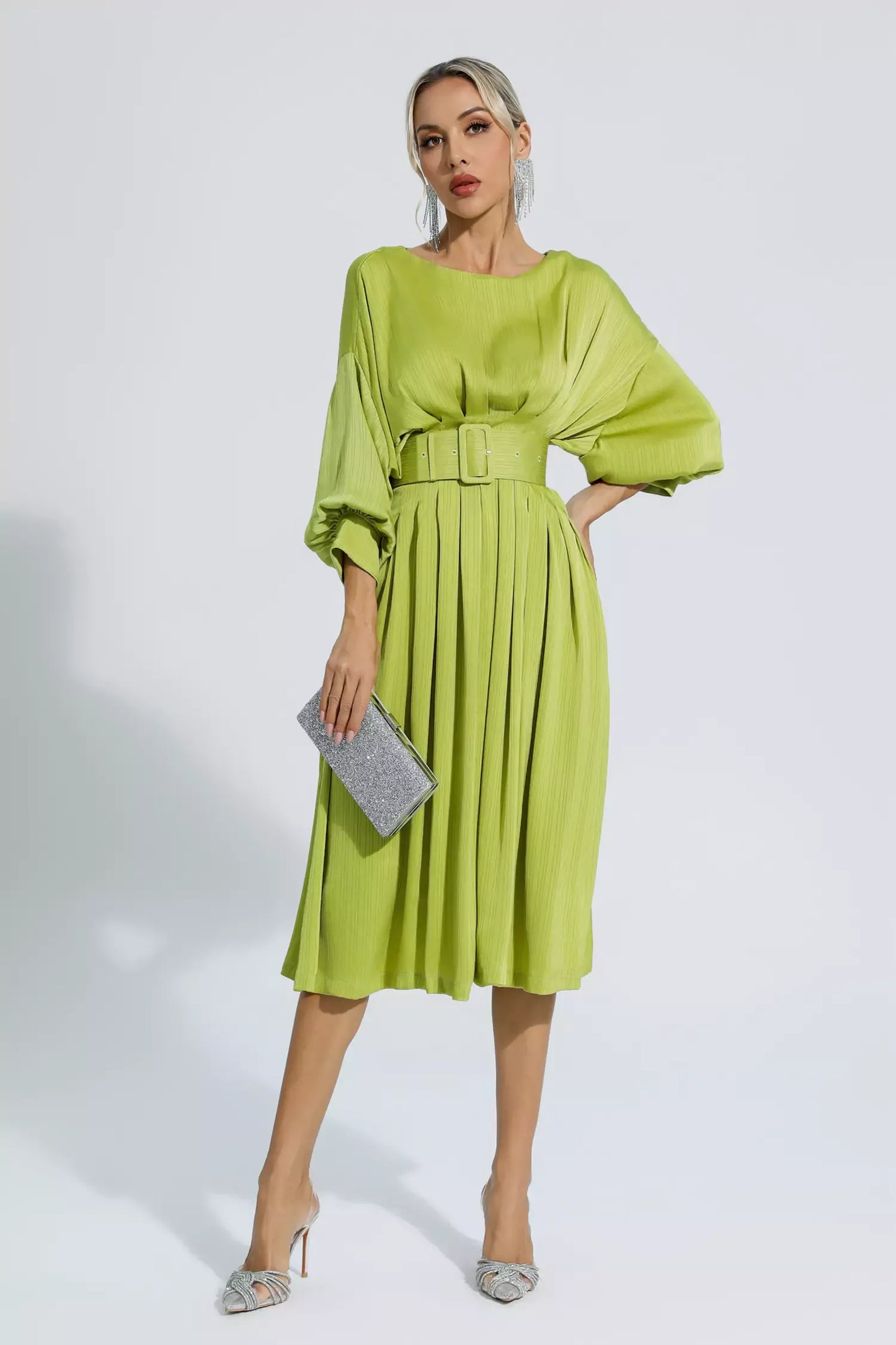 Flora Light Green Satin Midi Dress