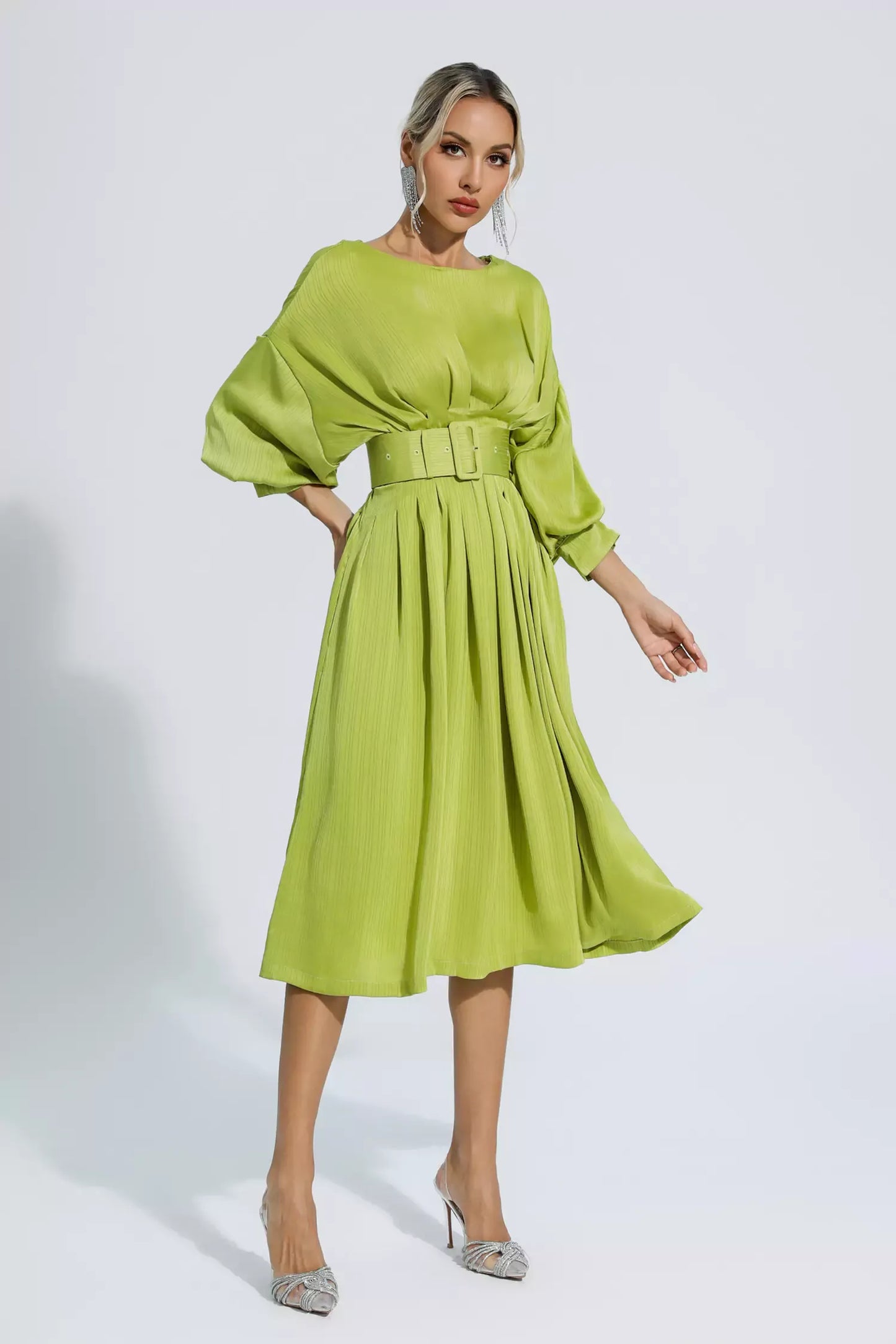 Flora Light Green Satin Midi Dress