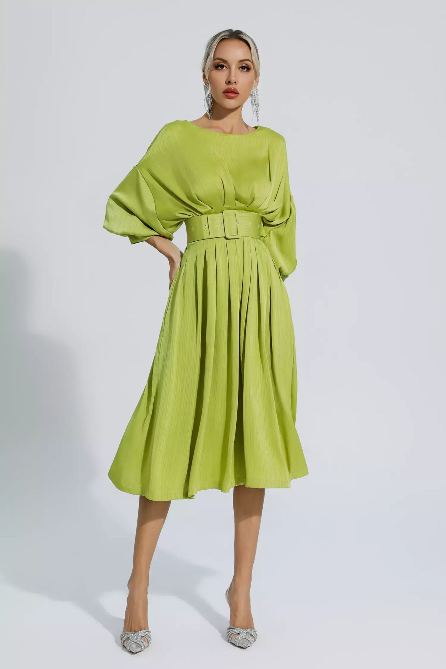 Flora Light Green Satin Midi Dress