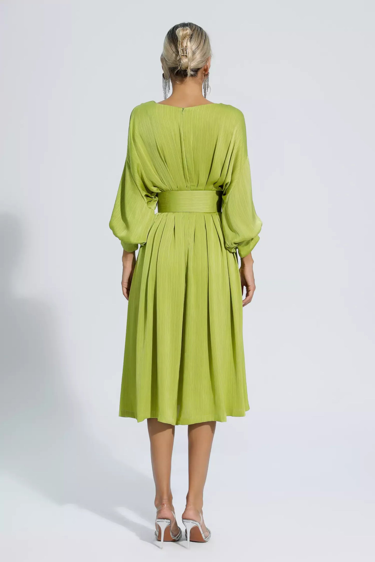 Flora Light Green Satin Midi Dress